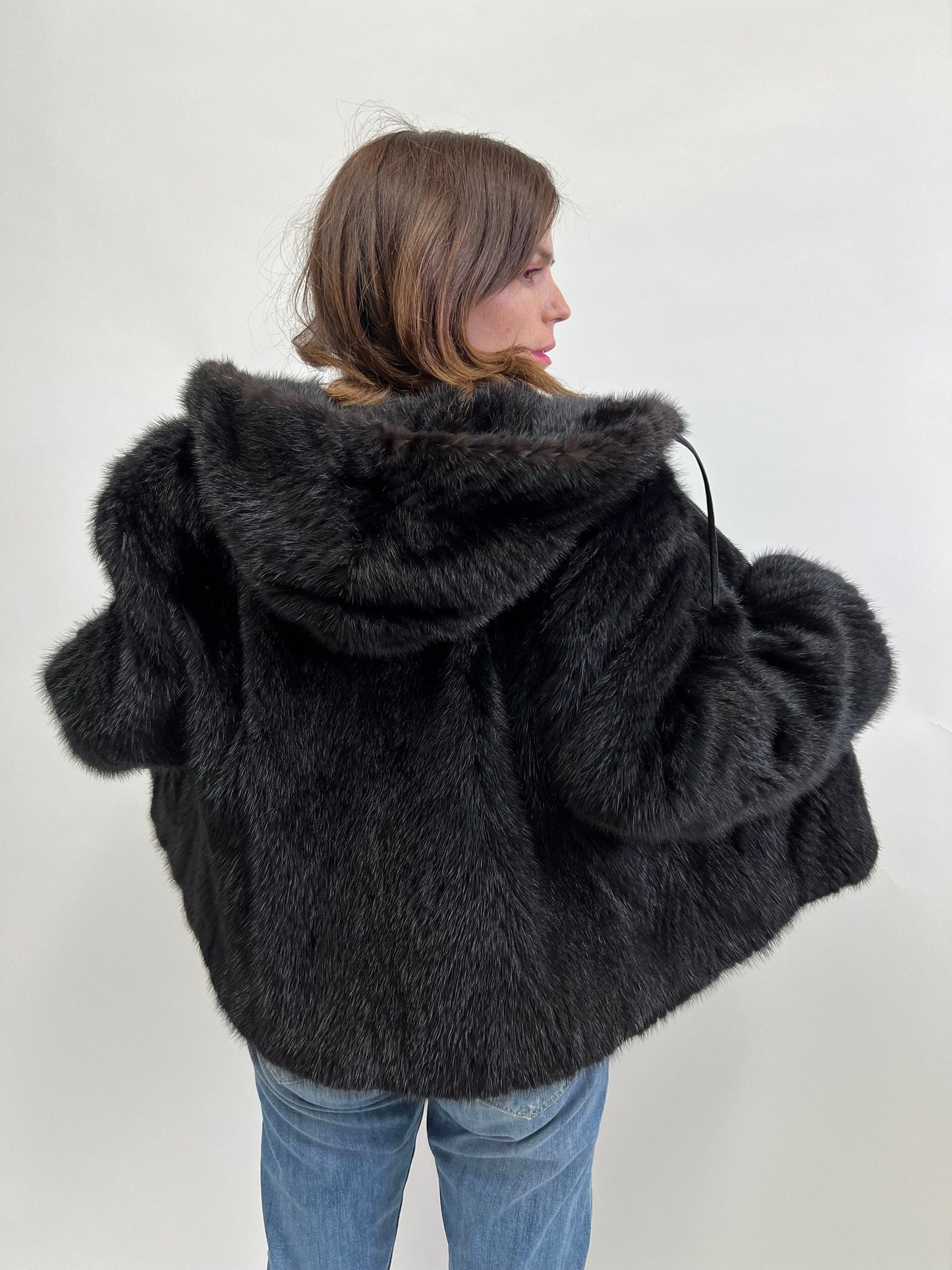 Real Mink Fur Hooded Bomber Jacket - Leather Trim, Size Medium