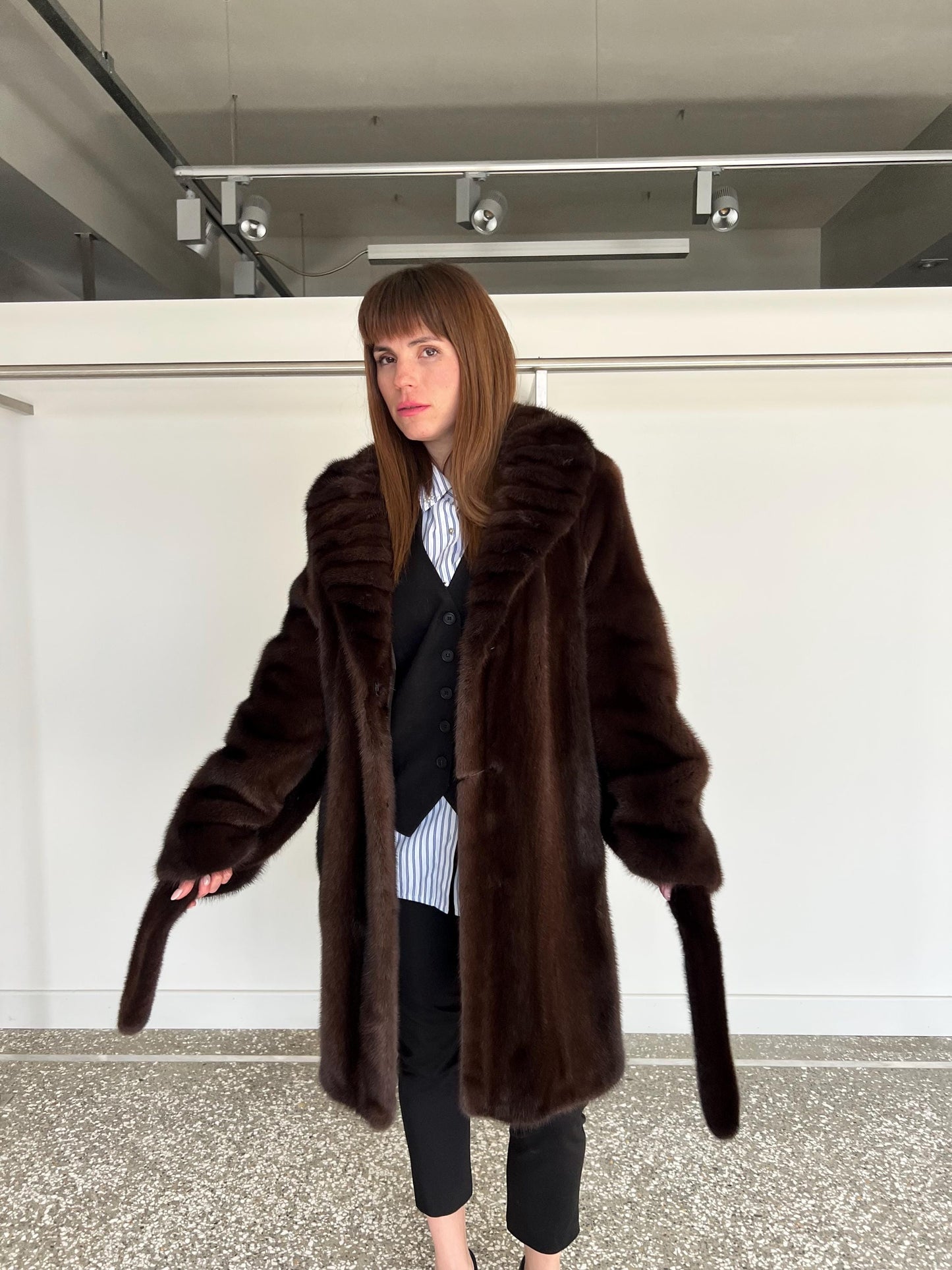 Choco Brown Mink Fur Coat: Big Collar Belted Stroller, Handmade in Greece