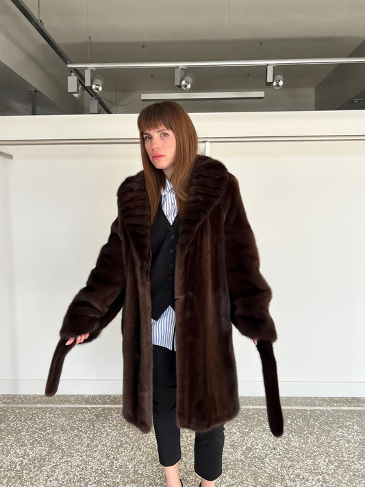 Choco Brown Mink Fur Coat: Big Collar Belted Stroller, Handmade in Greece