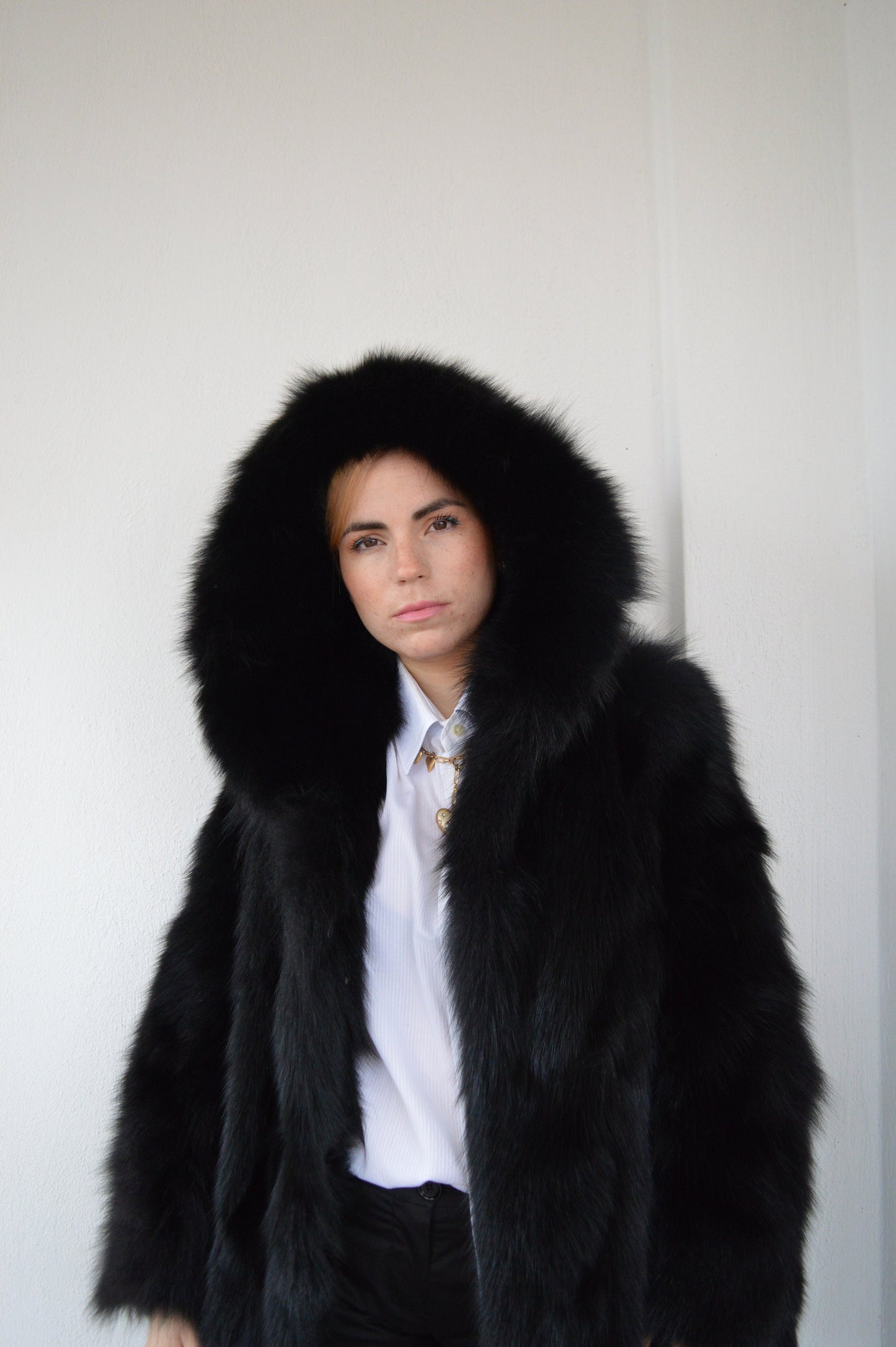 Handmade Black Fox Fur Hooded Coat: Luxury Winter Stroller