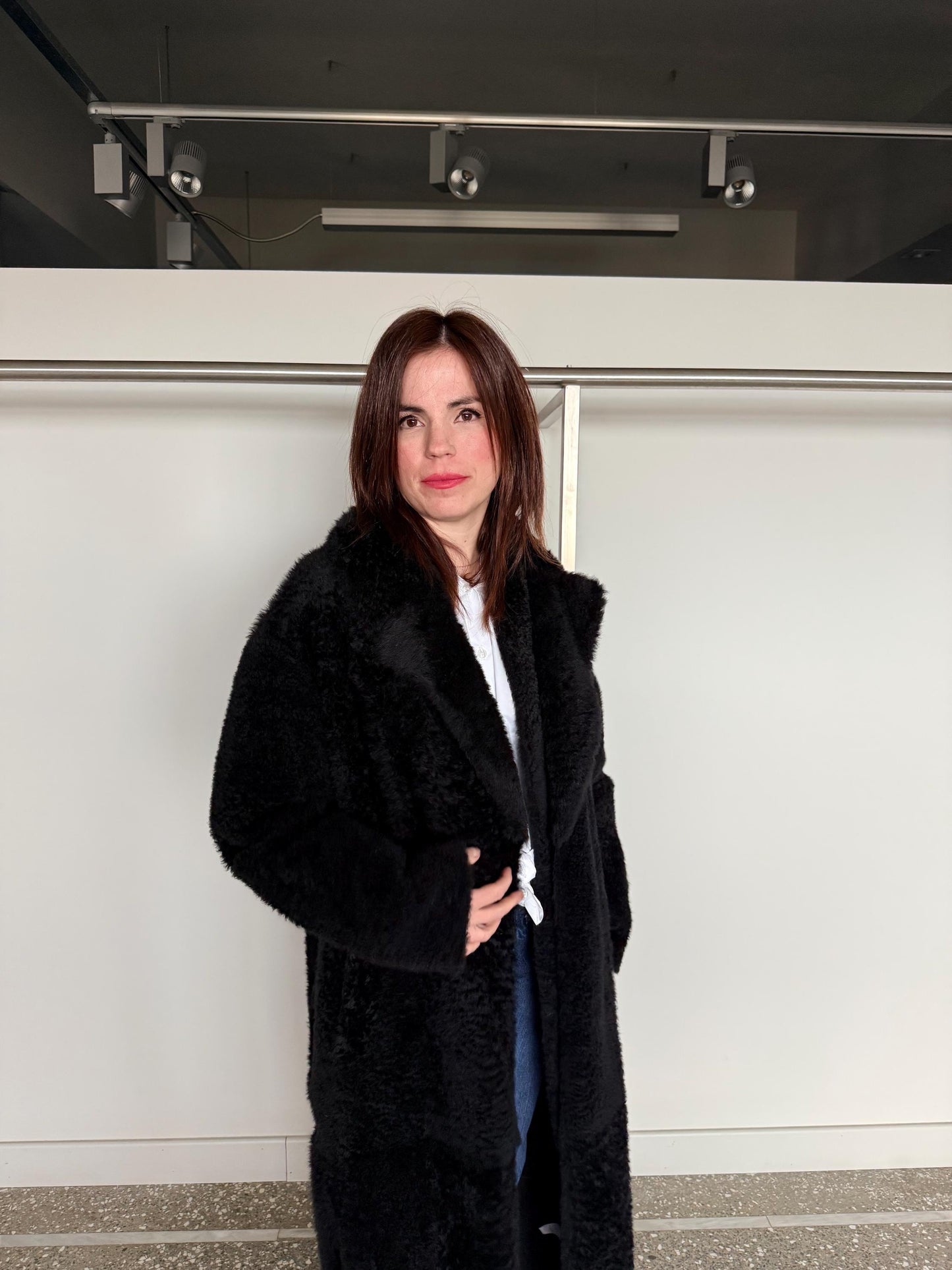 Handmade Black Shearling Fur Jacket:Long super warm Sheepskin Coat