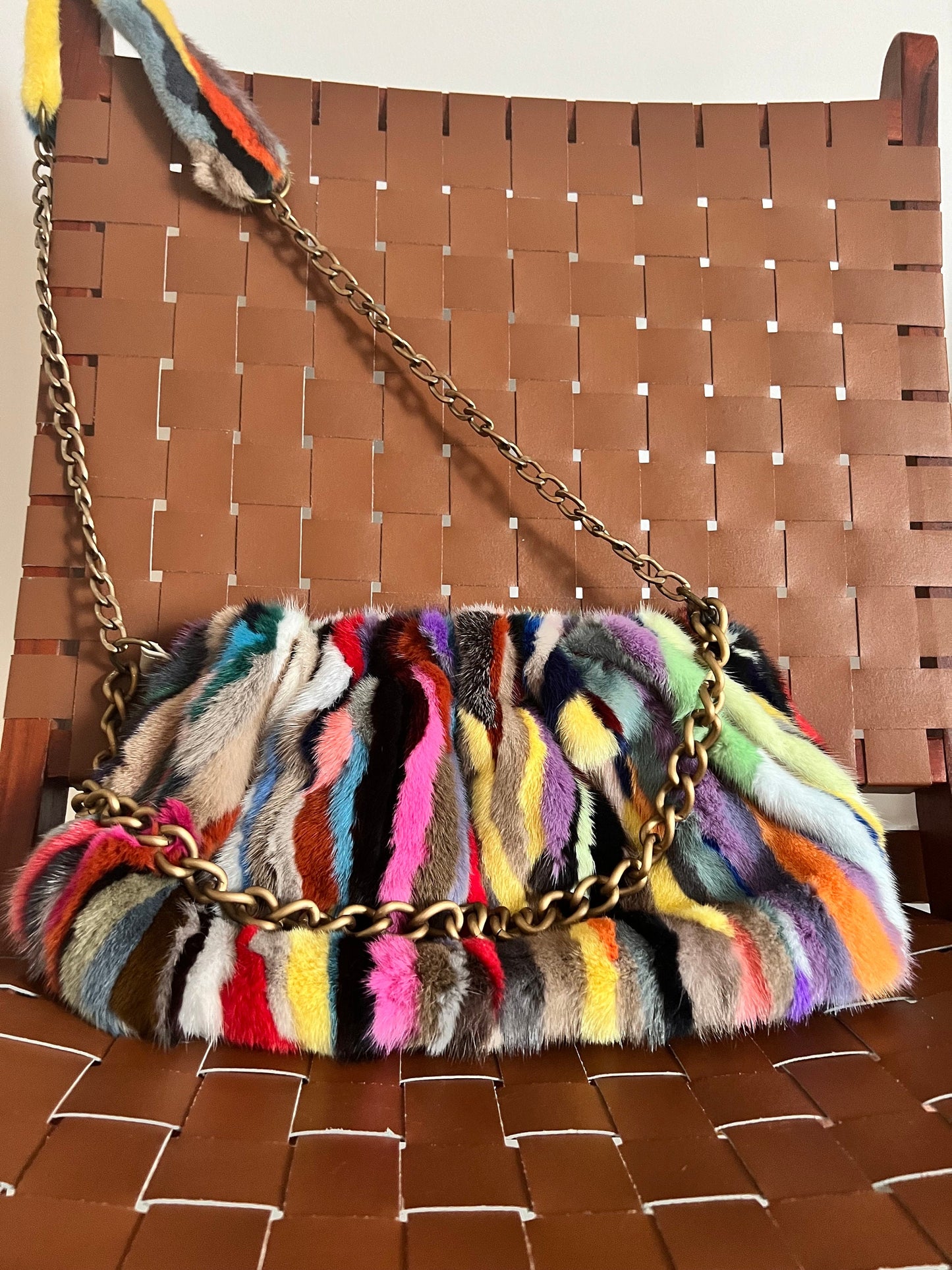 Handmade Multicolored Mink Fur Shoulder Bag with Bronze Straps