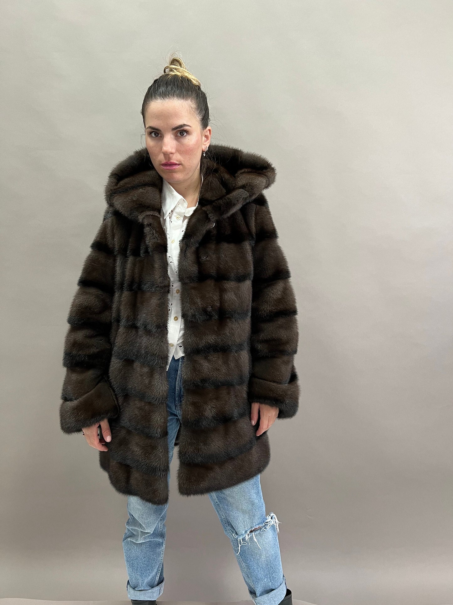 Aurora Brown Mink Fur Hooded Coat: Handmade Luxury Jacket