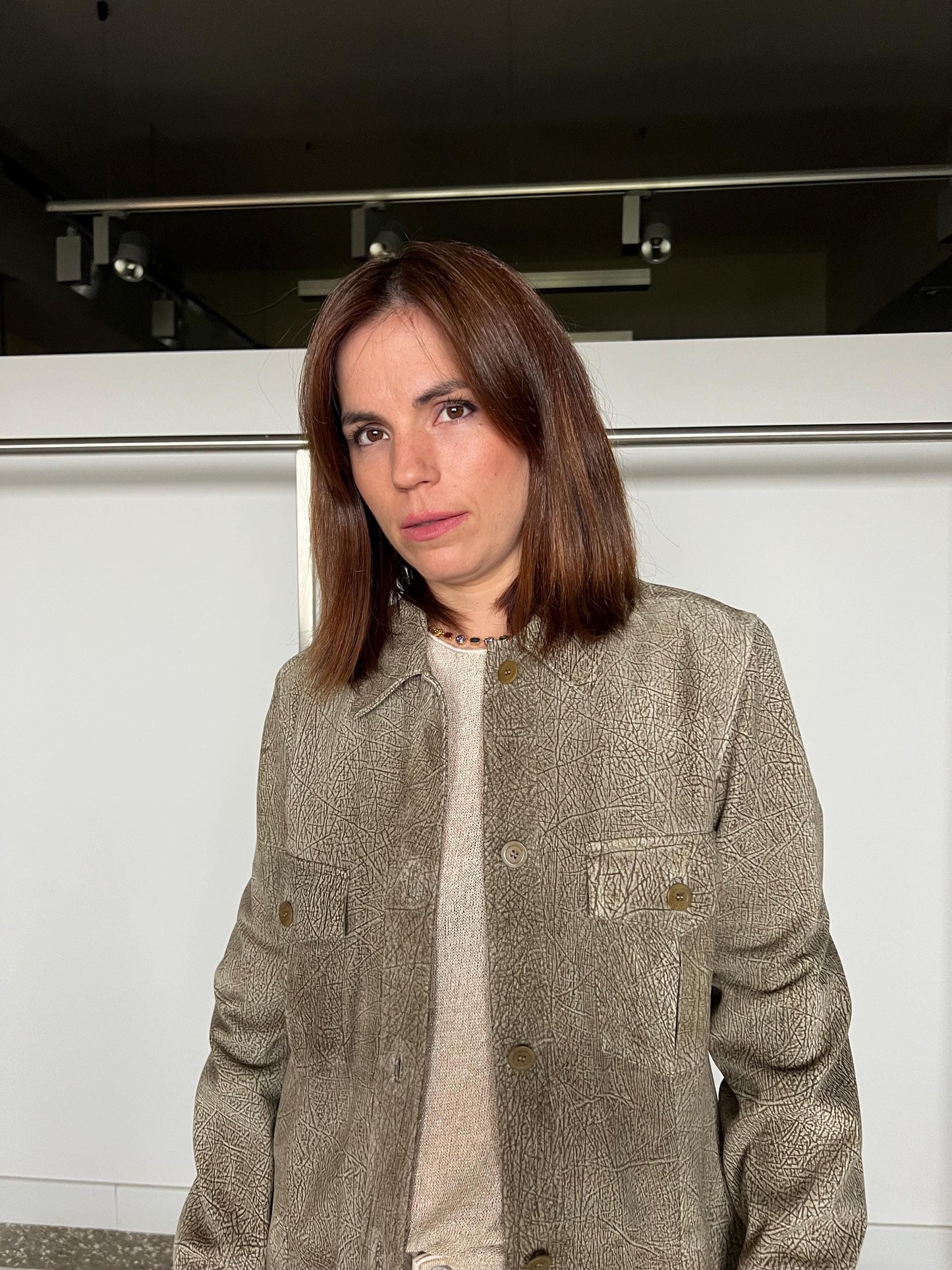 Grey/olive suede leather oversirt. Light genuinely leather: Handmade blazer with external pockets.