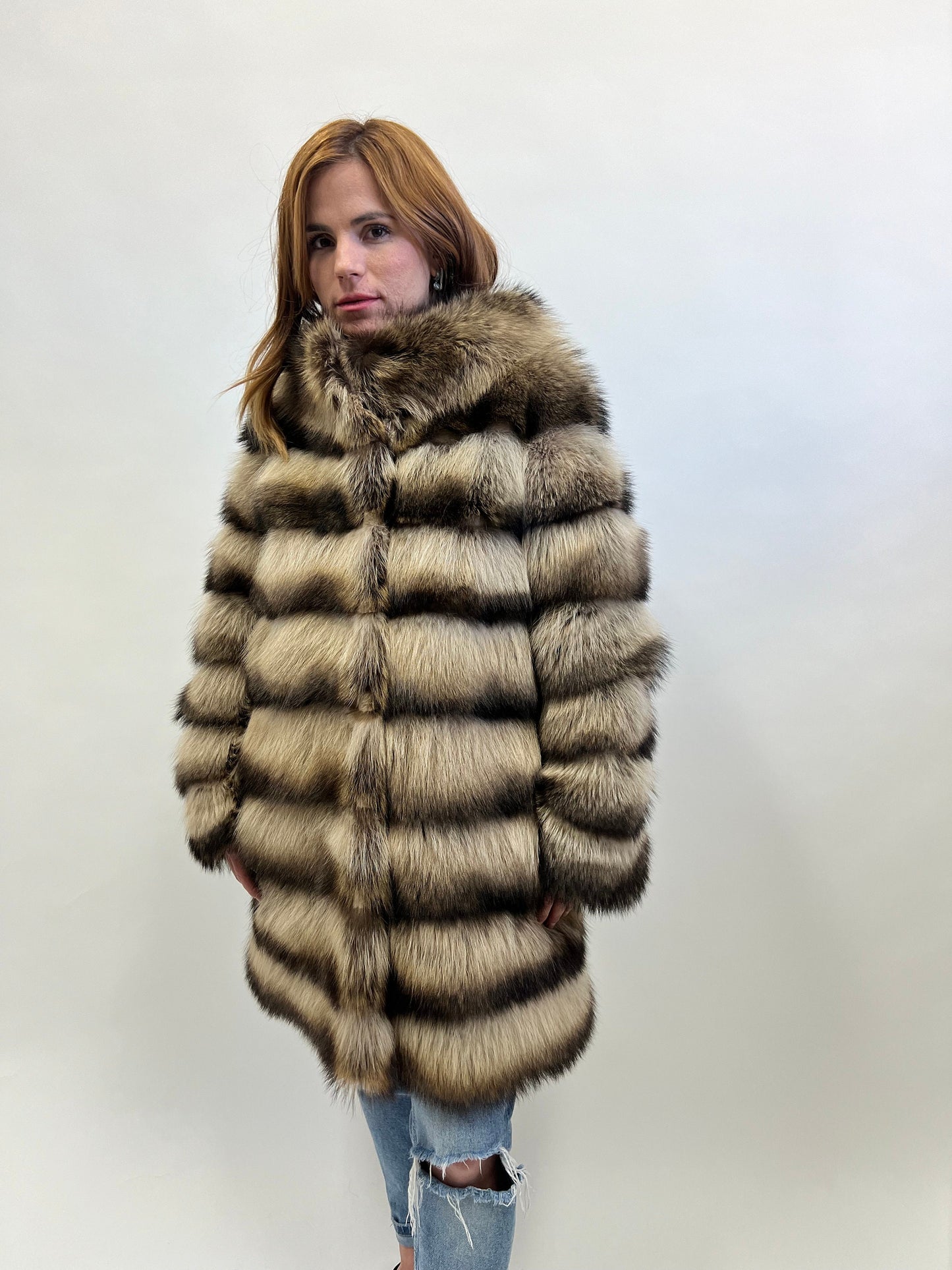 Real Raccoon Fur Coat: Beige Brown Horizontal Sheared Trim size Small.