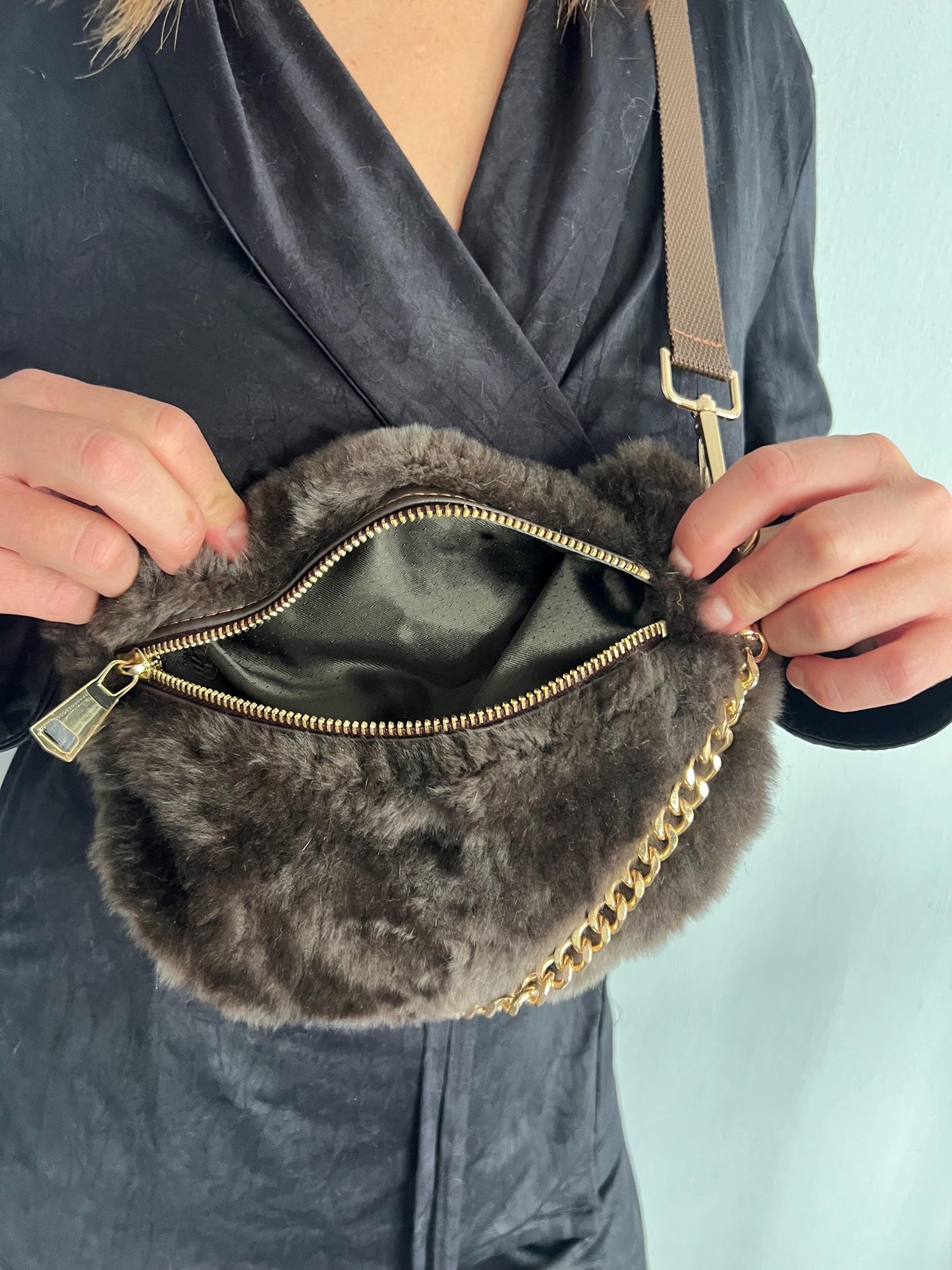 Rabbit & Mink Fur Bumbag with Chain: Convertible Waist, Shoulder or Back Bag