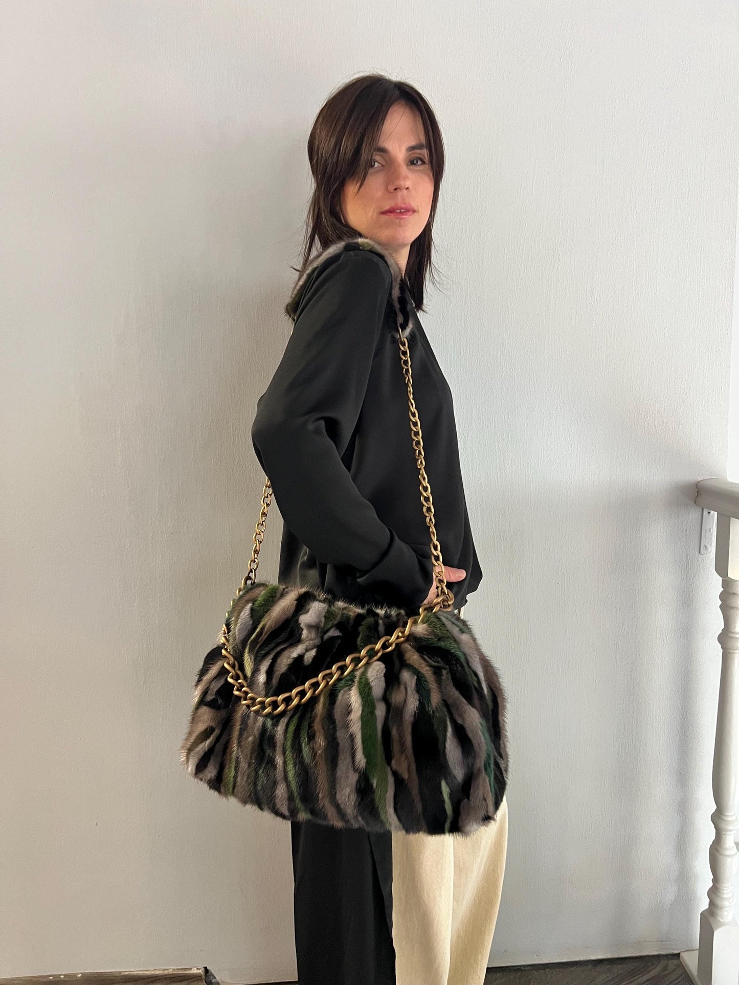 Handmade Mink Fur Slouchy Shoulder Bag: Luxury Cross-body Purse in army shades.