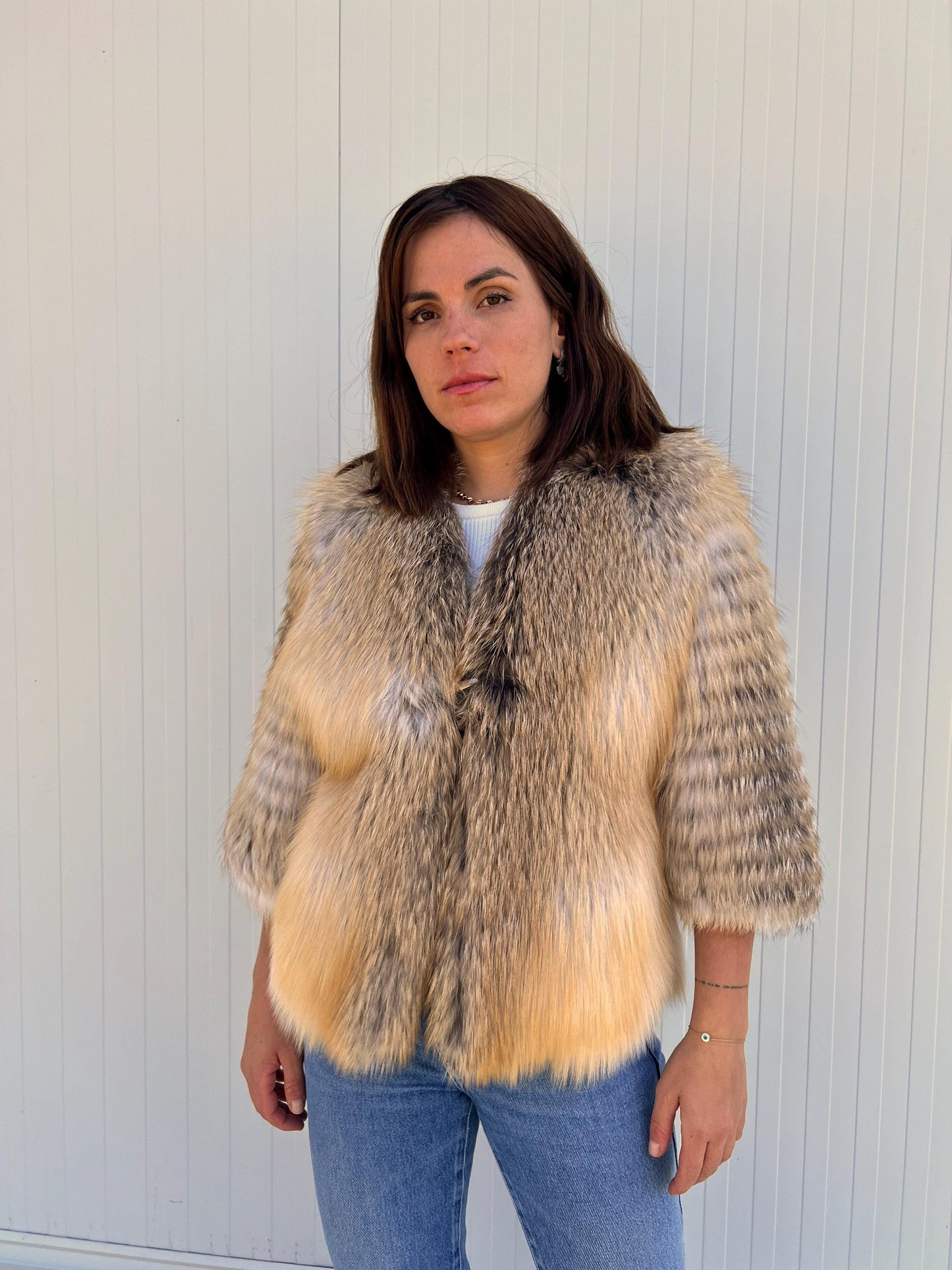 Handmade Camel Fox Fur Jacket: Lightweight Fluffy Coat