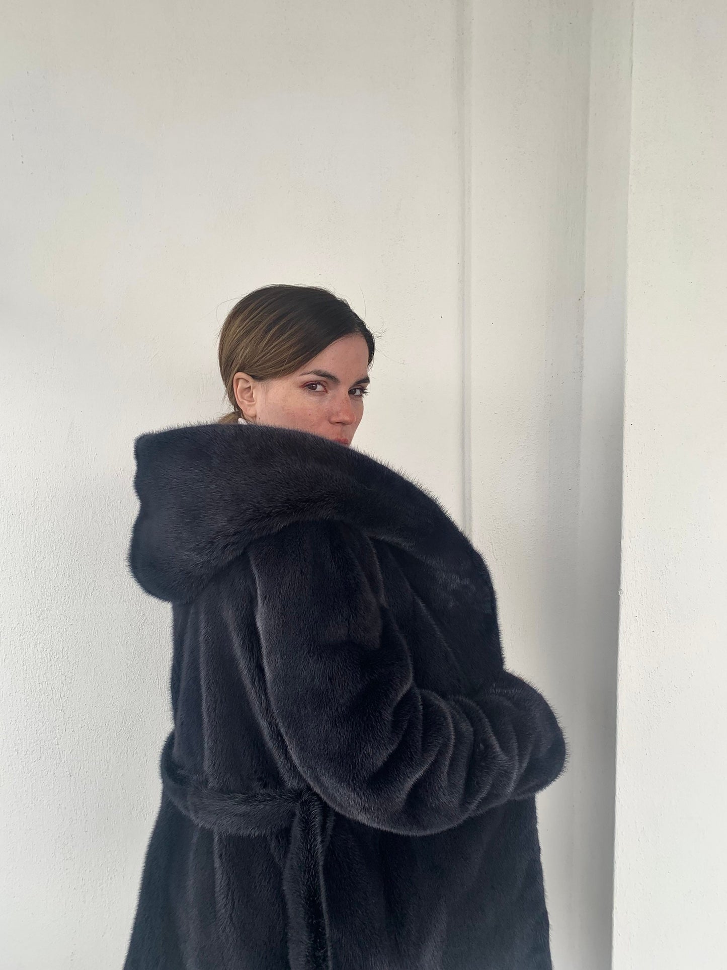Denim Blue Mink Fur Stroller Coat: Hooded Belted Luxury