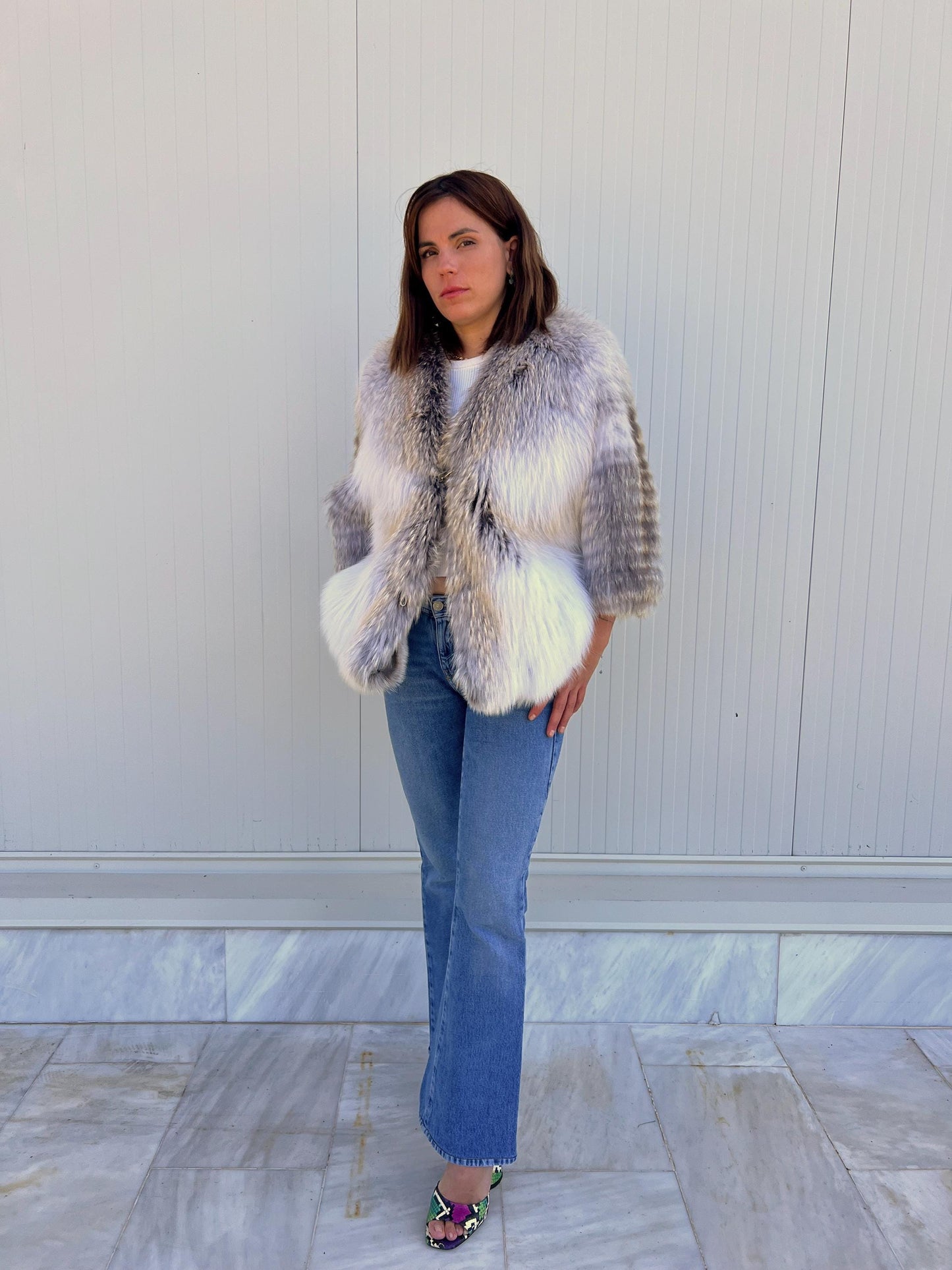 Handmade Fox Fur Jacket: White & Grey Lightweight Fluffy Coat