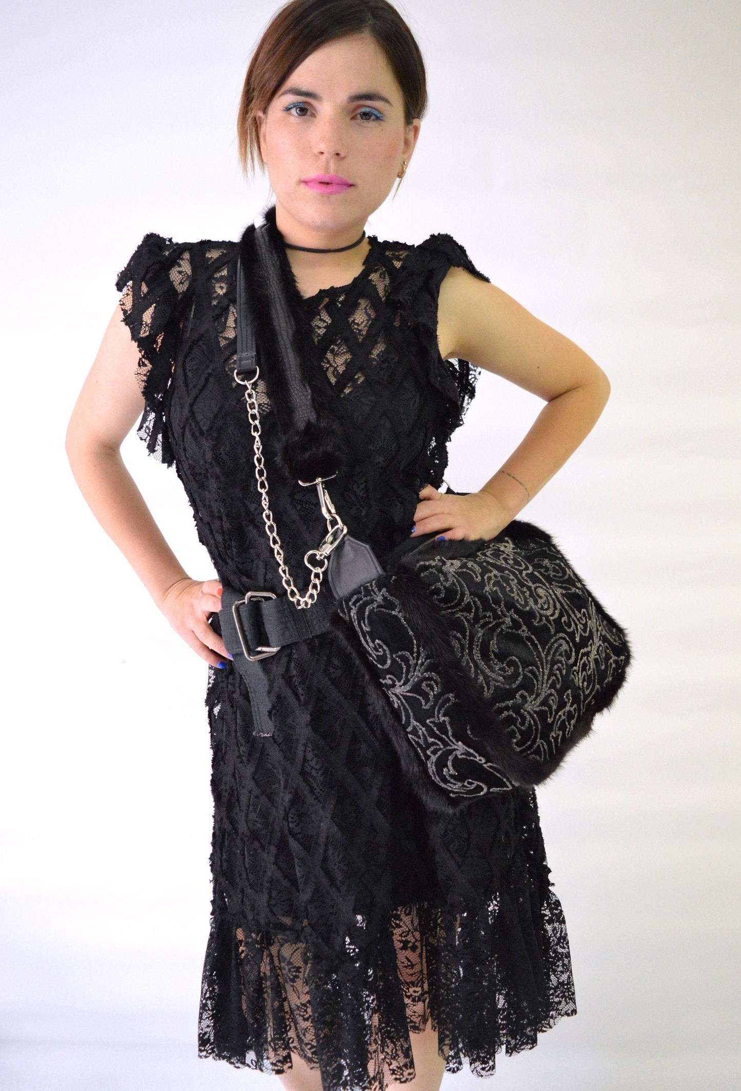 Embroidered Rabbit Fur Shoulder Bag, Mink Trim, Leather Chain Strap