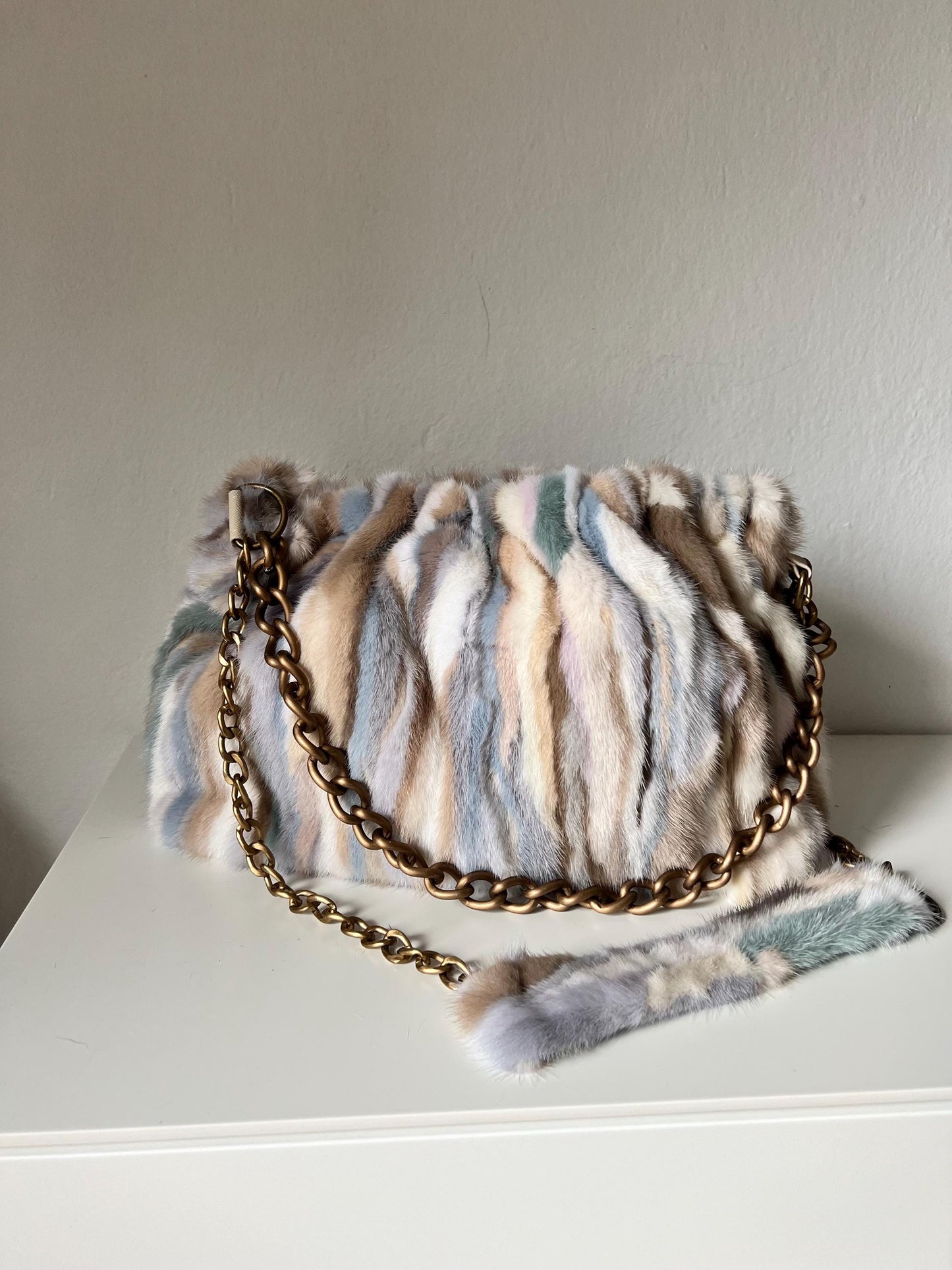 Multicolor Mink Fur Pouch Bag: Slouchy Shoulder Bag with Bronze Straps
