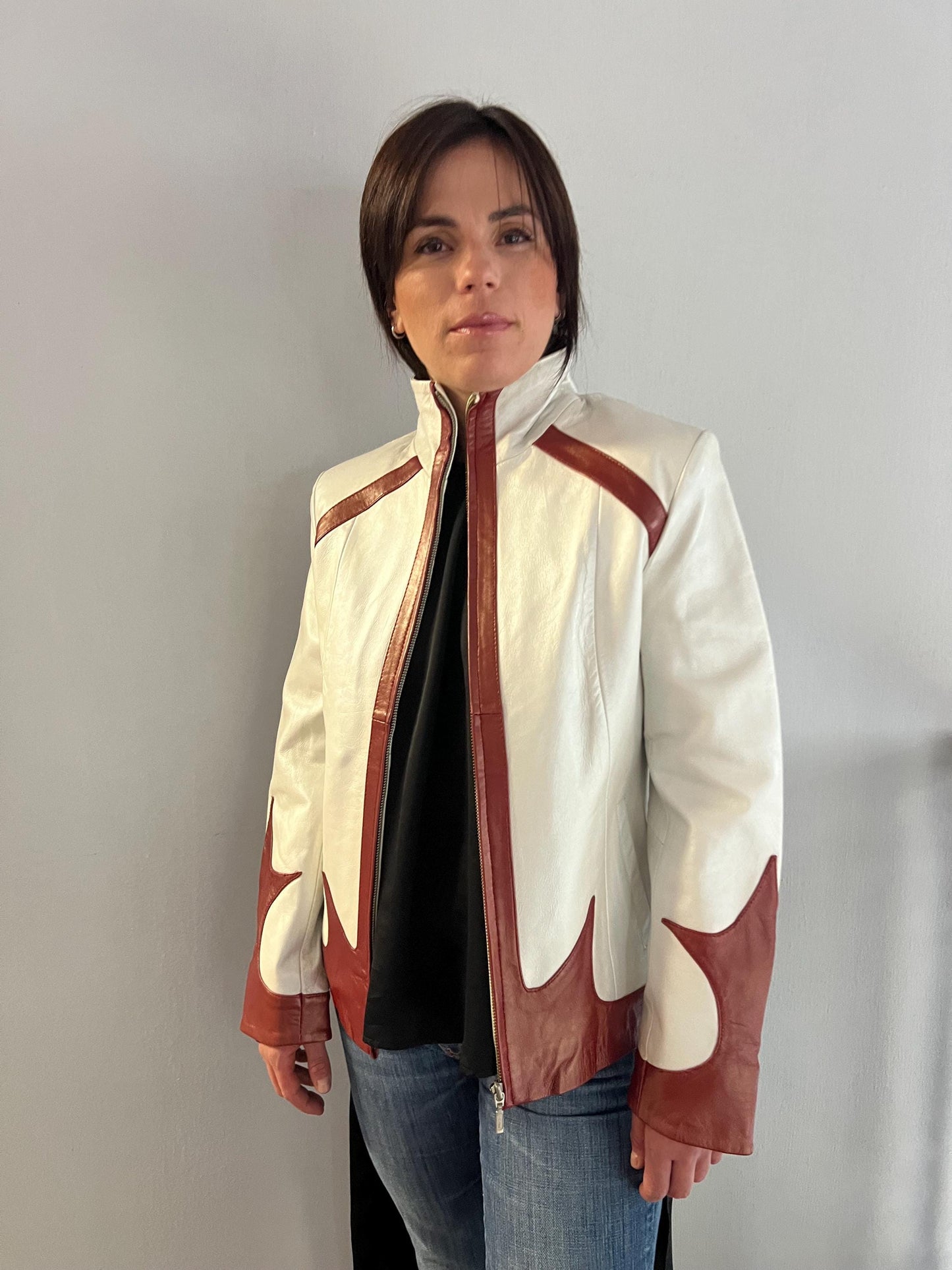 Handmade Lambskin Leather Jacket: Cream White Nappa with Bordeaux Details (XS)