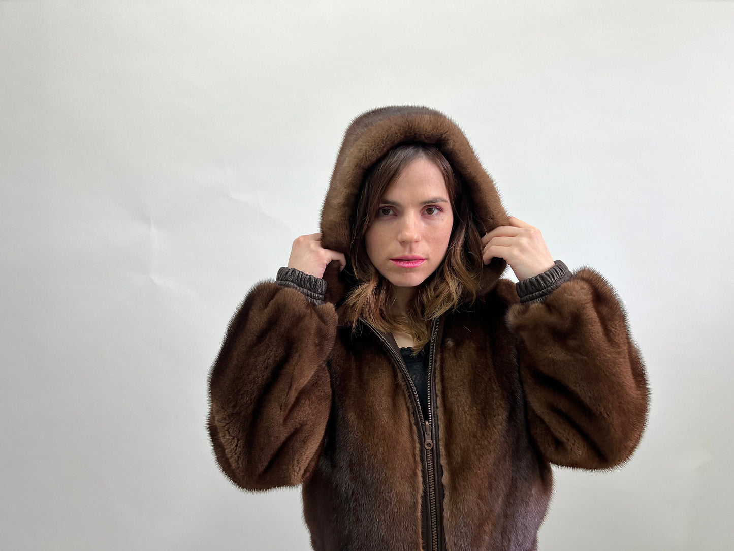 Reversible Brown Leather Mink Fur Hooded Bomber Jacket