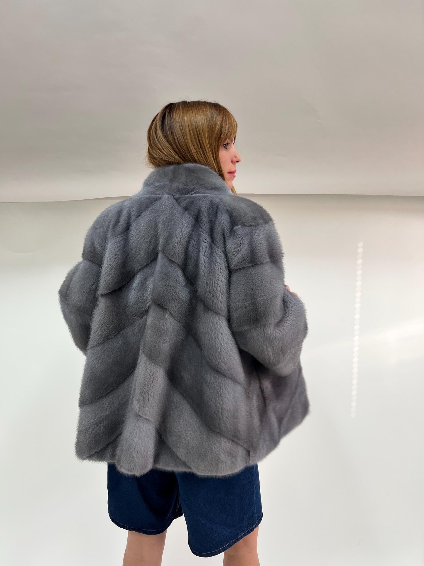 Real Silver Grey Mink Fur Coat - Saga Pelt, High Collar