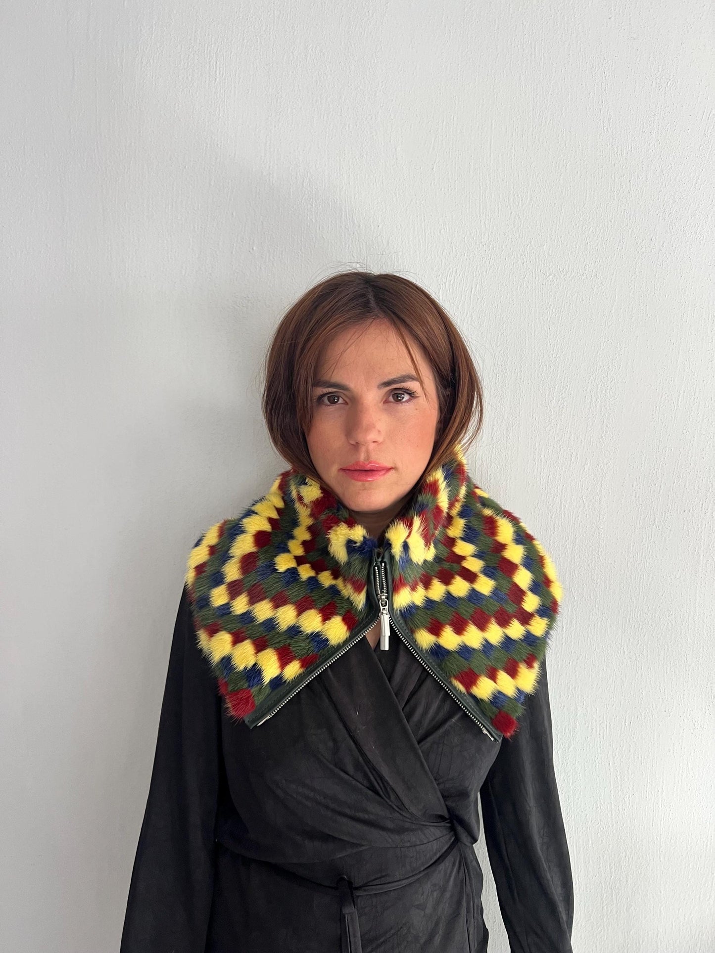 Multicolor Mink Fur Cowl Scarf: Zipped Leather Detail, Handmade