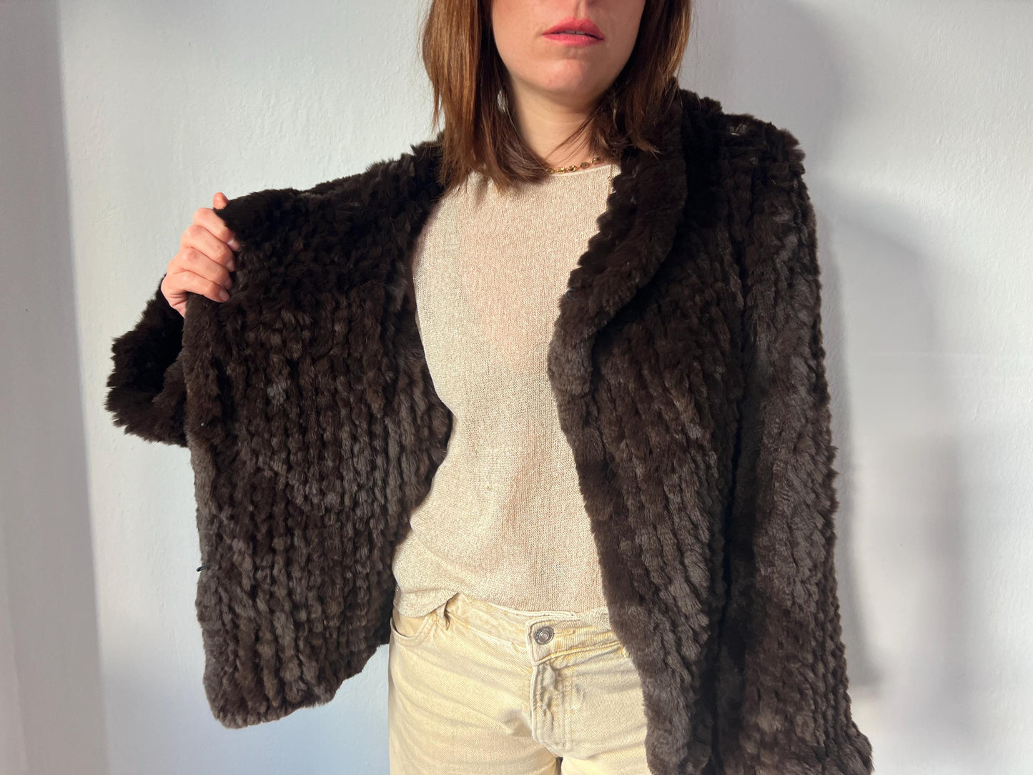 Handwoven Brown Rabbit Fur Hooded Jacket - Frog Closure