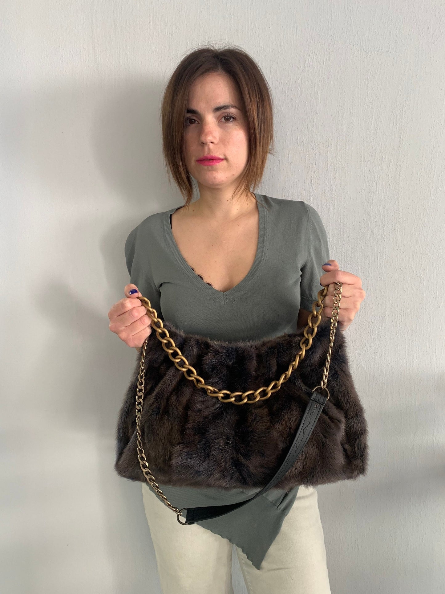 Handmade Mink Fur Shoulder Bag: Black Slouchy Pouch with Bronze Straps