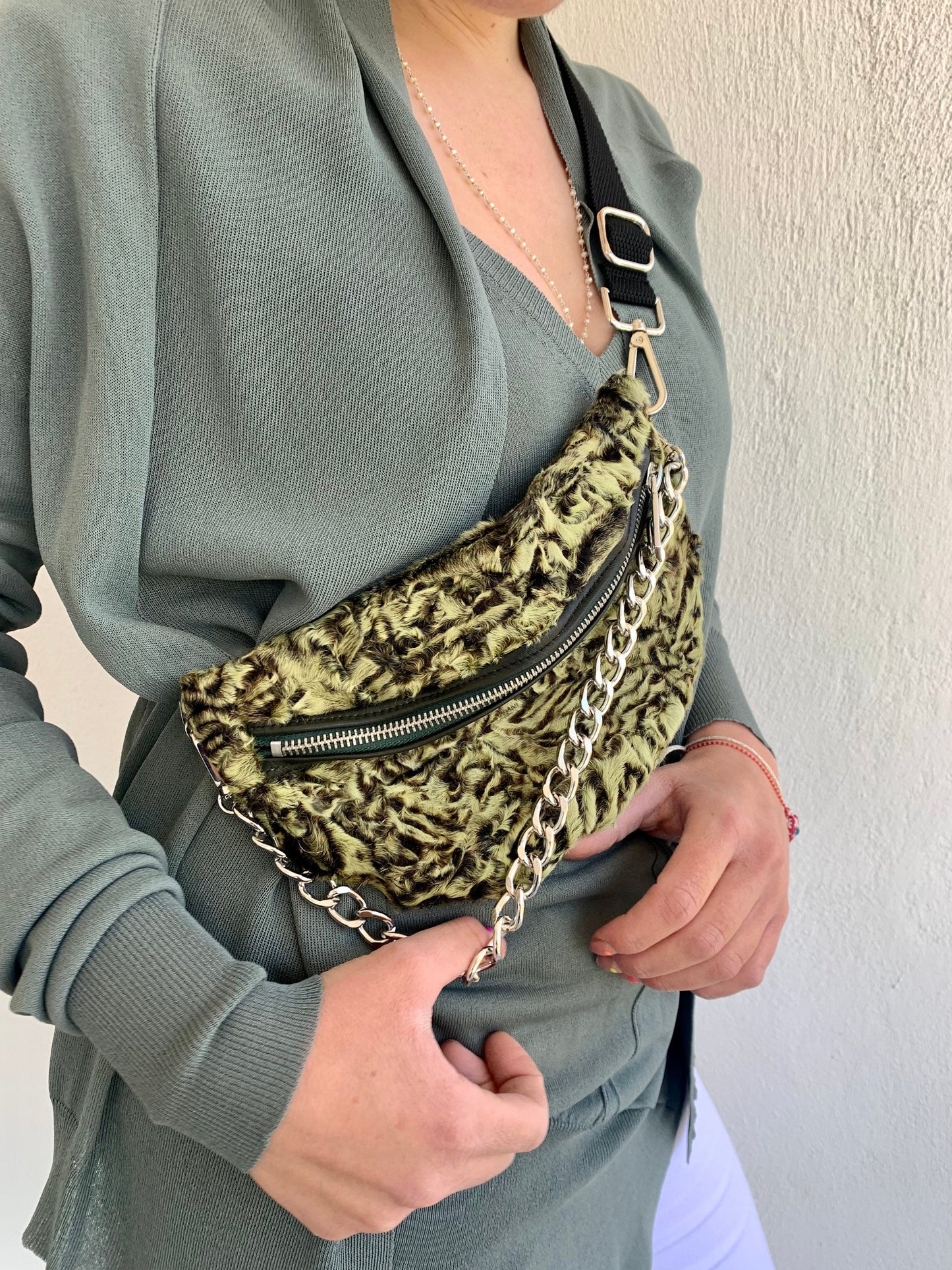 Lime Lamb Fur Bumbag with Chain: Luxury Fanny Pack