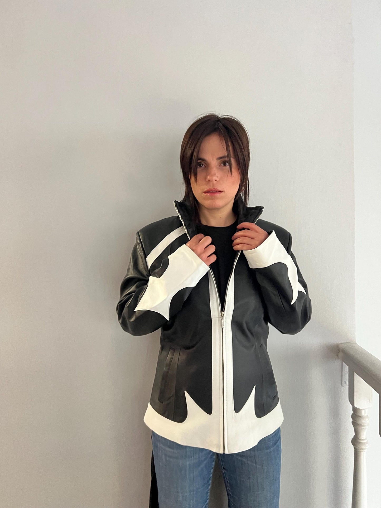 Handmade Black and White Lambskin buttery zipped up Leather Jacket - Medium
