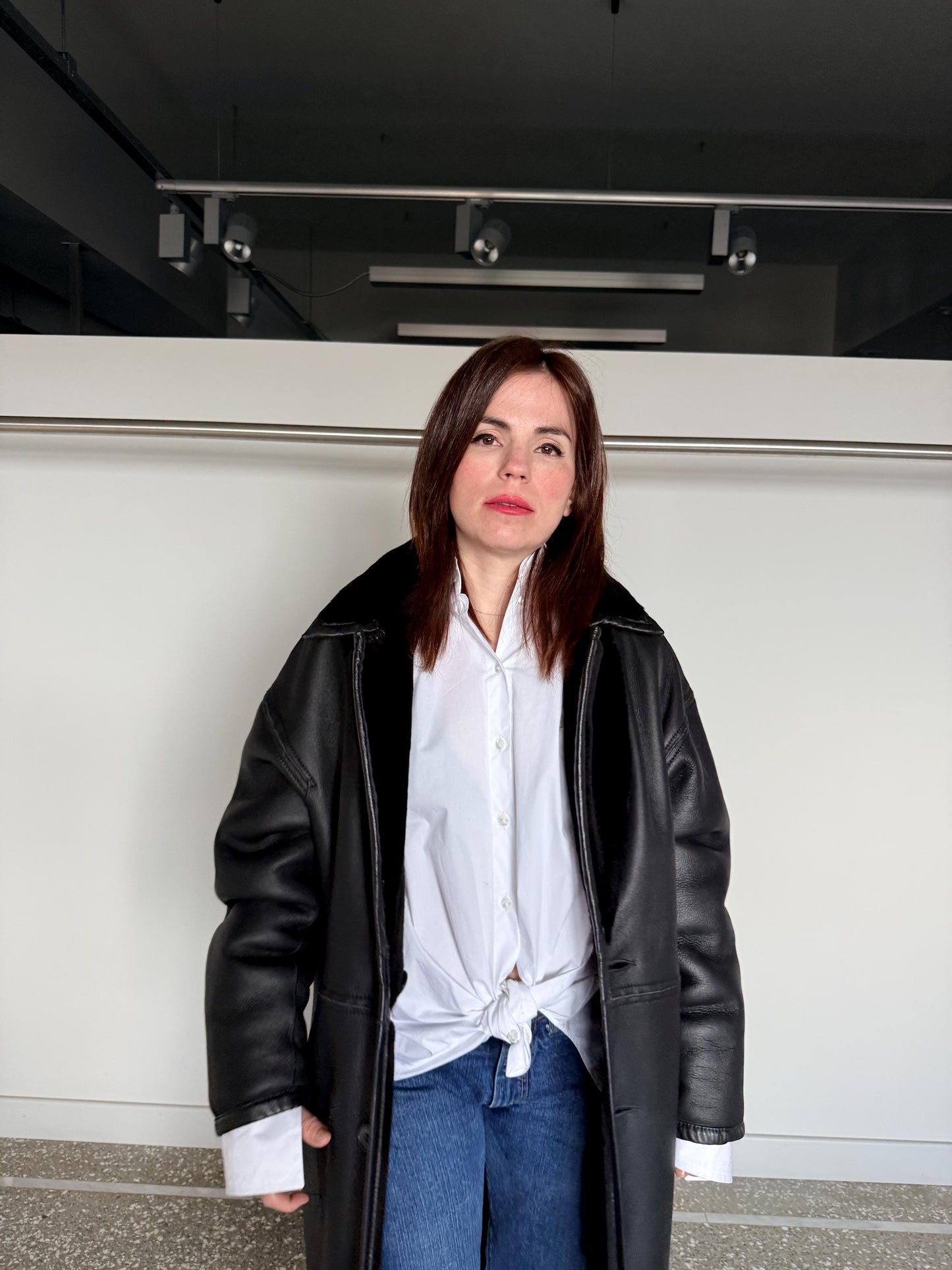 Reversible Black Shearling Fur coat :Extremely warm Sheepskin long Coat with genuine leather.