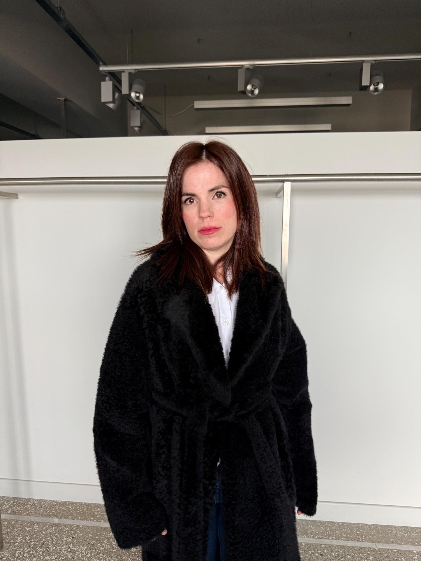 Handmade Black Shearling Fur Jacket:Long super warm Sheepskin Coat