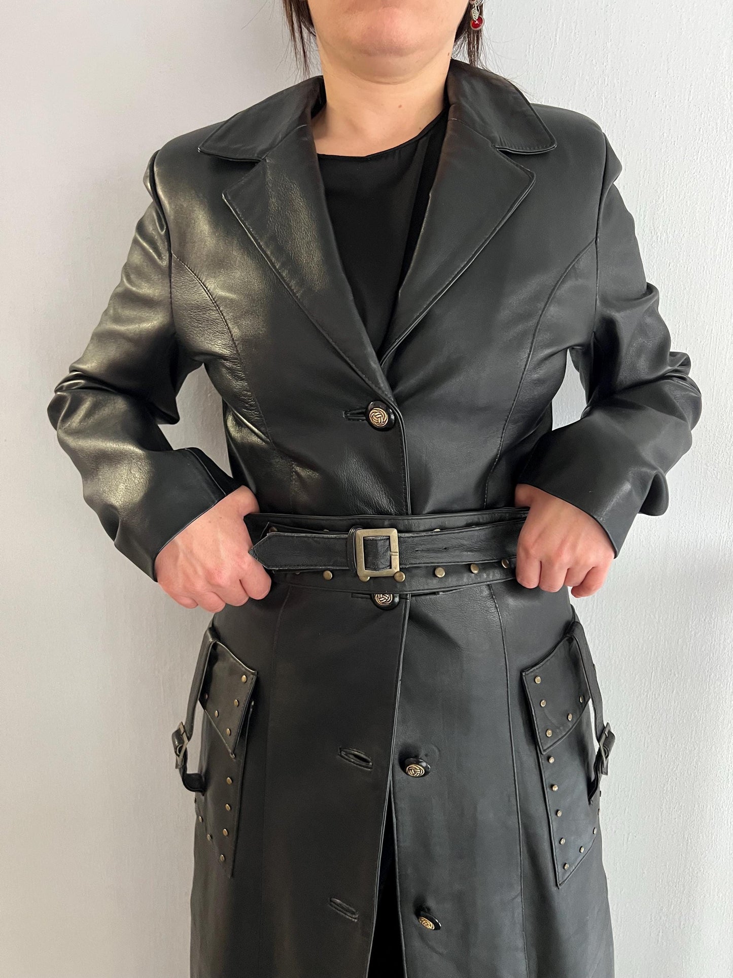 Handmade Nappa Leather Coat: Full Length Black Belted Overcoat