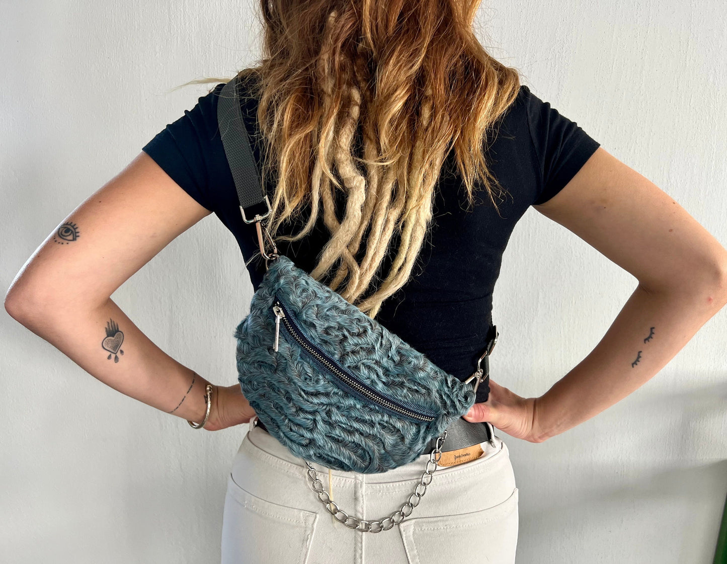 Gray Mink Fur Bumbag with Chain: Handmade Leather Fanny Pack
