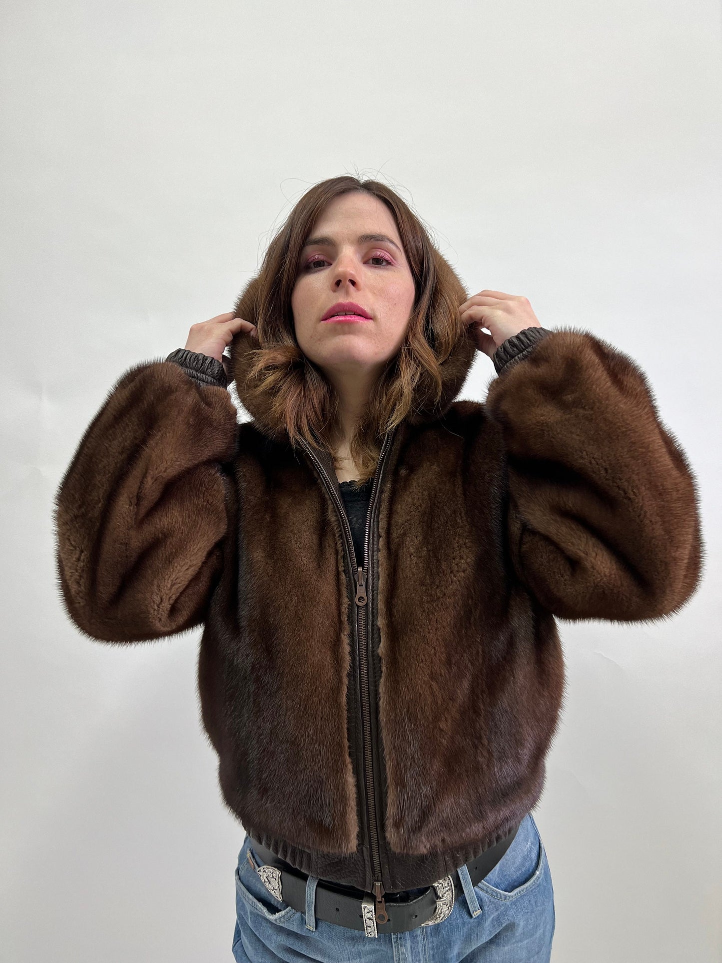Reversible Brown Mink Fur Bomber Jacket: Leather Hooded Coat