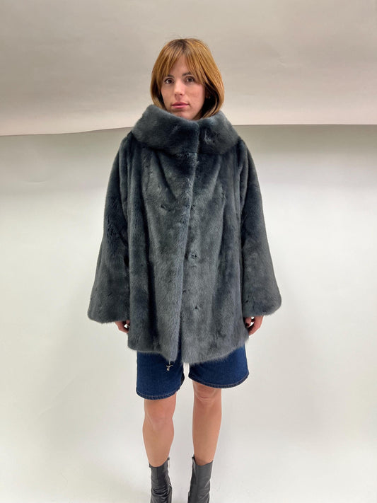 Saga Quality Petrol Mink Fur Jacket: Edgy Stand Up Collar