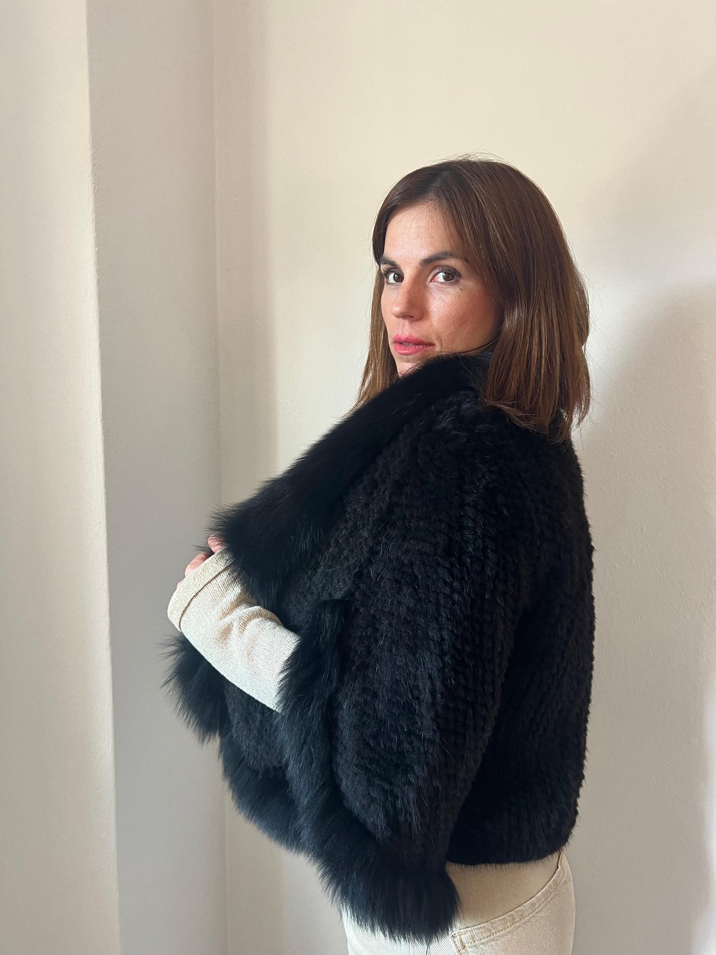 Handwoven Black Mink Fur Cape with Fox Trim - Made in Greece