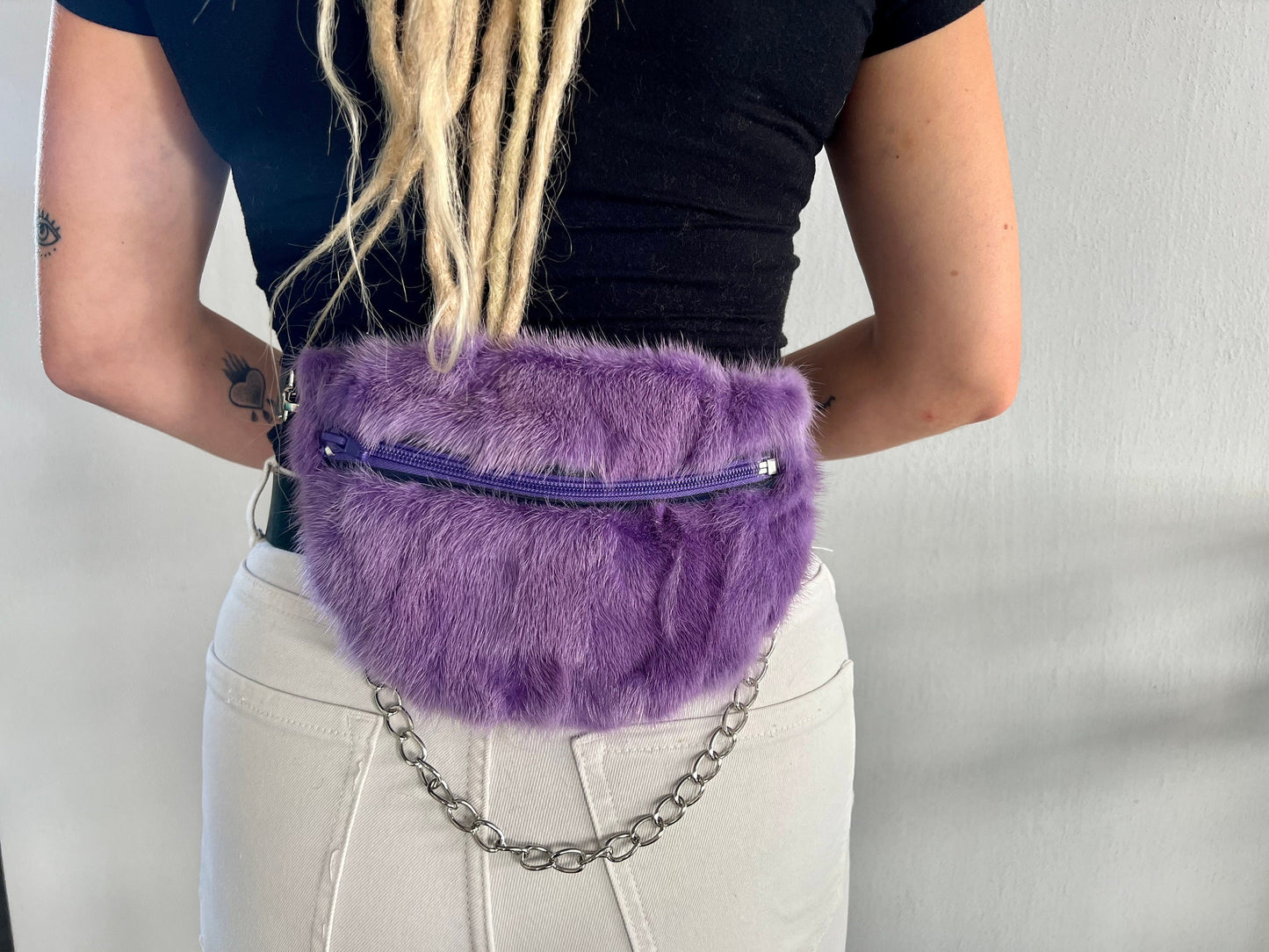 Purple Mink Fur Bumbag with Chain: Luxury Fanny Pack