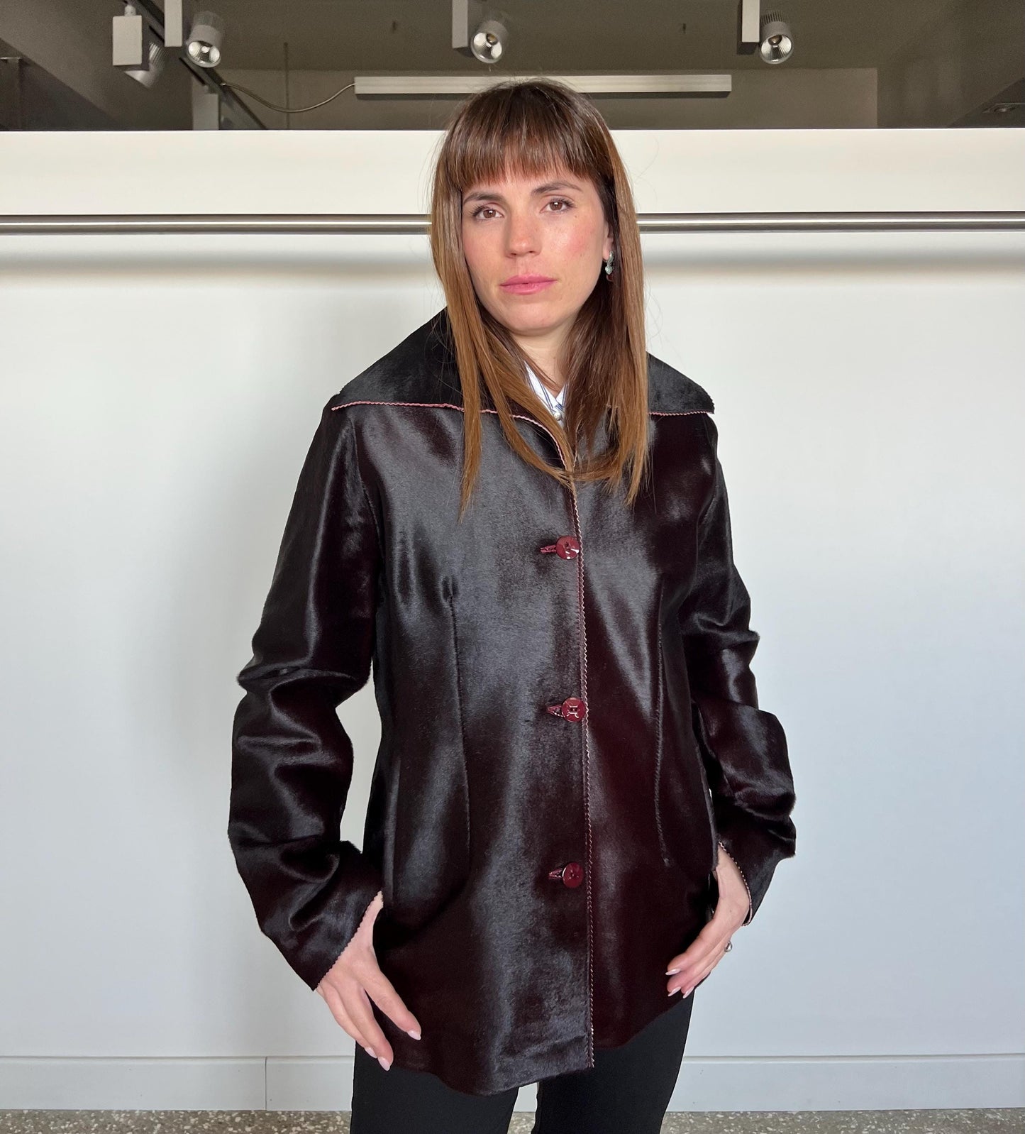 Burgundy Pony Hair Leather Coat: Handmade Calf Hide Jacket