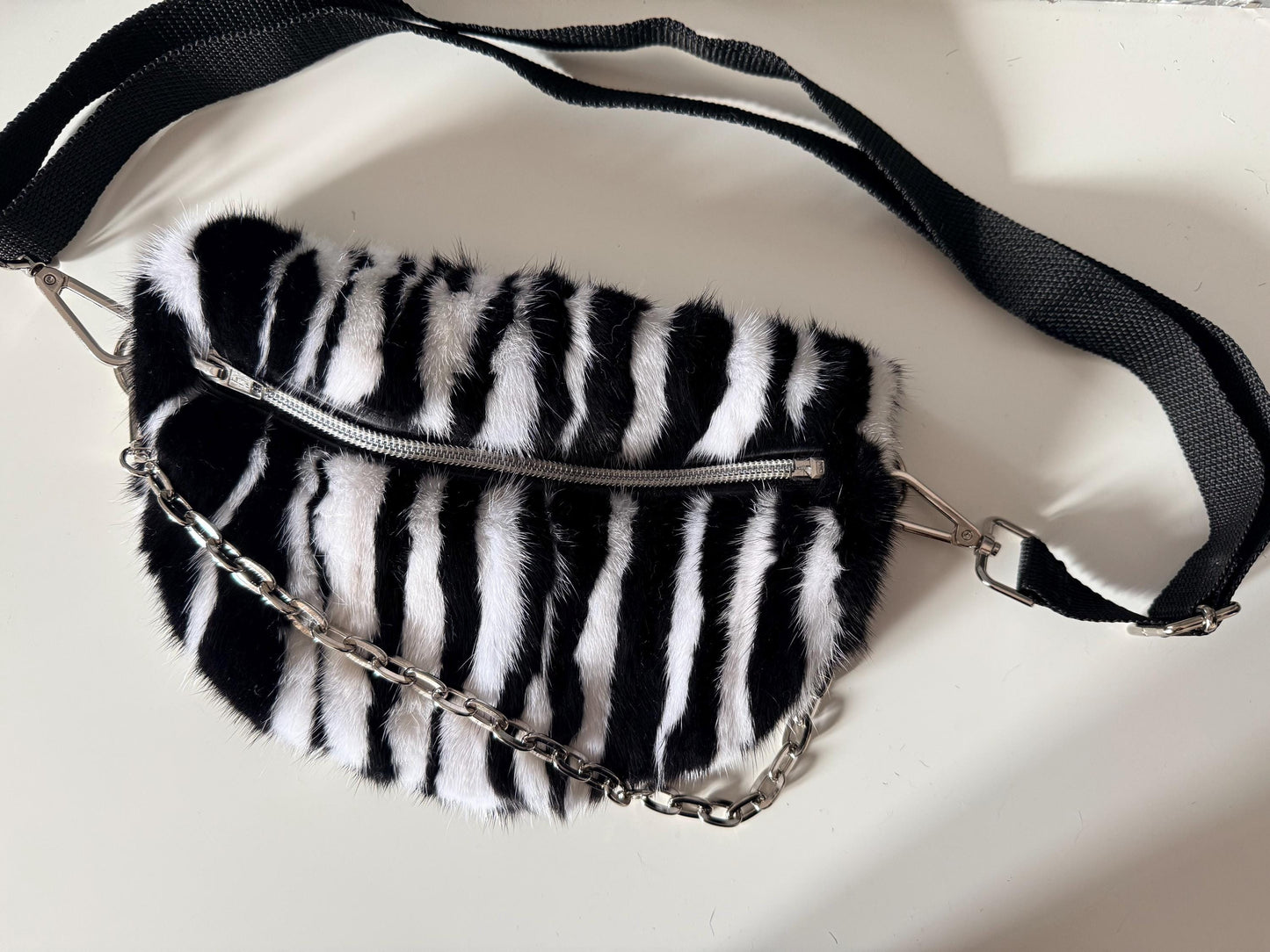 Black and white Mink Fur Bumbag with Chain: Luxury Fanny Pack