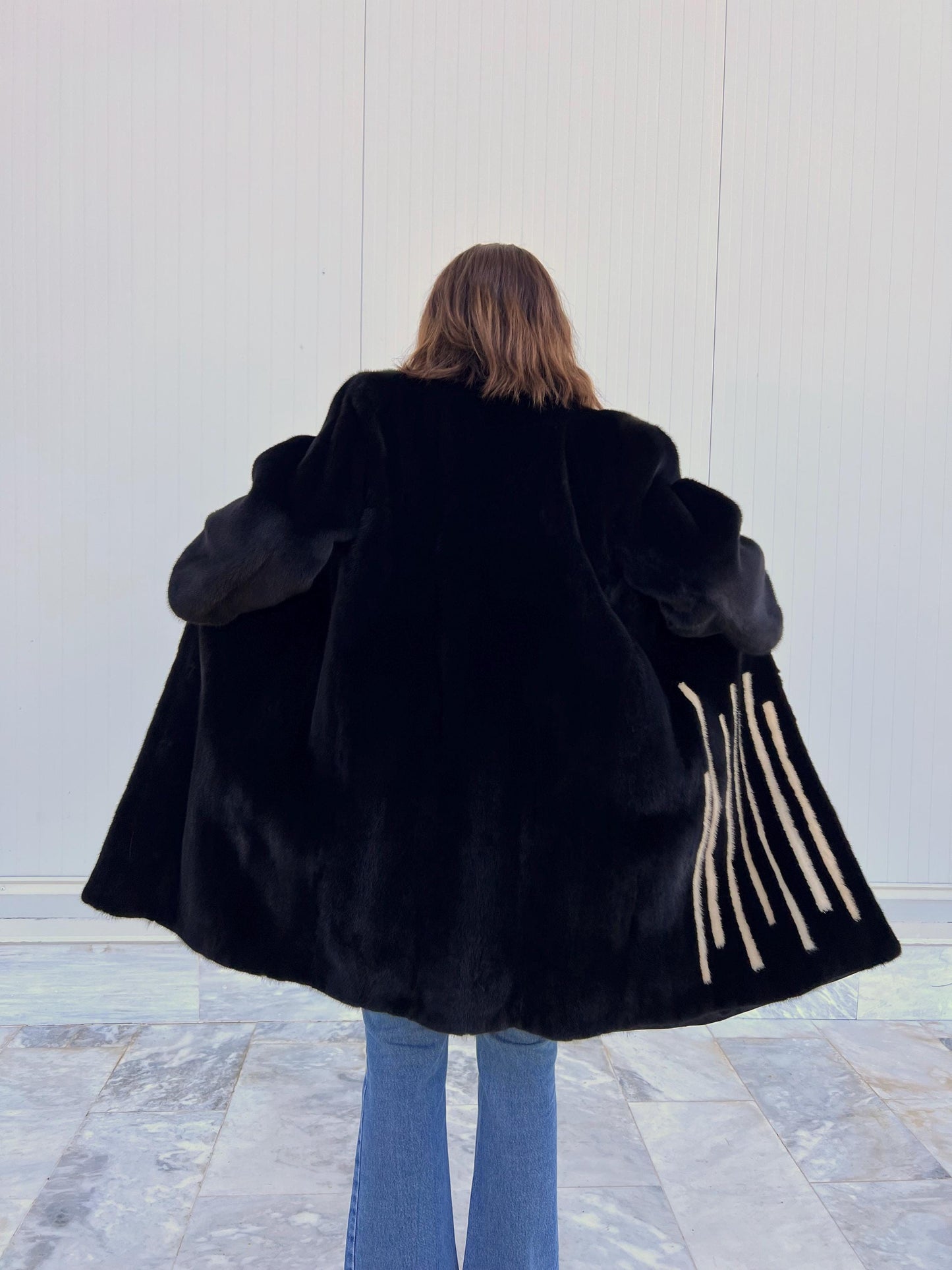 Blackglama Mink Fur Stroller Coat, Intarsia Artisanal Design, Medium