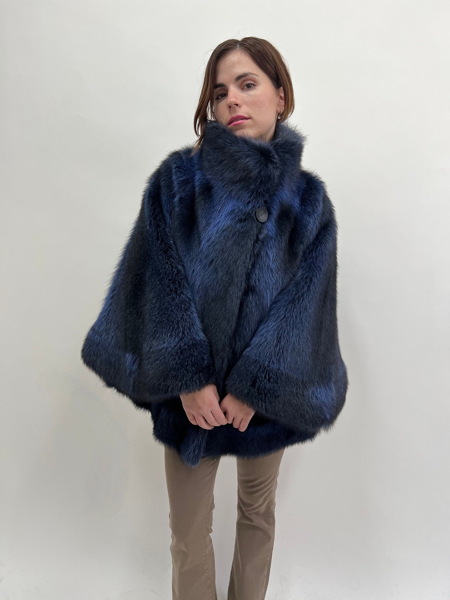 Blue Raccoon Fur Cape with Collar: Navy & Black Luxury Fur Gift