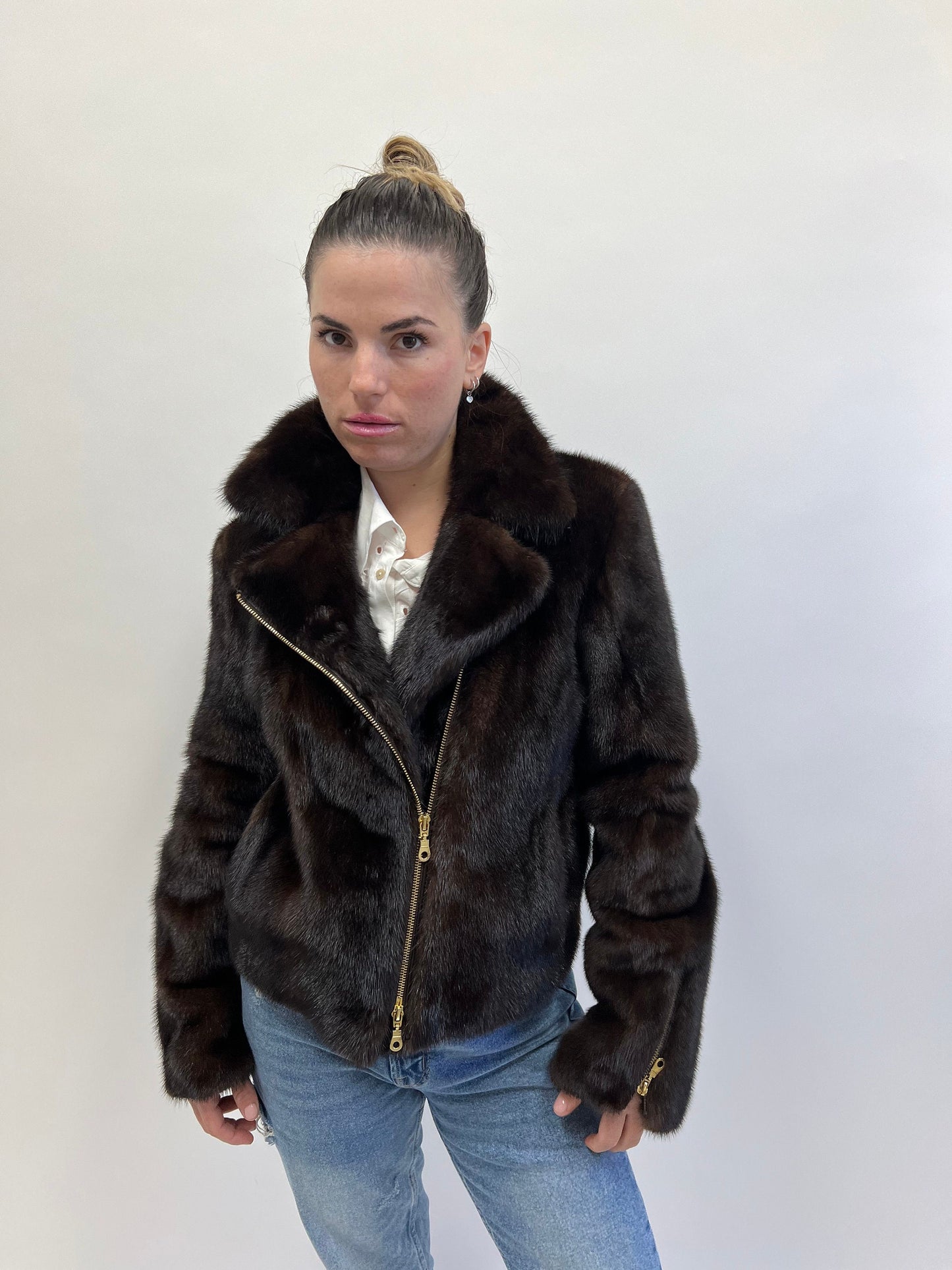Dark Brown Mink Fur Biker Jacket: Lightweight Luxury with Gold Hardware