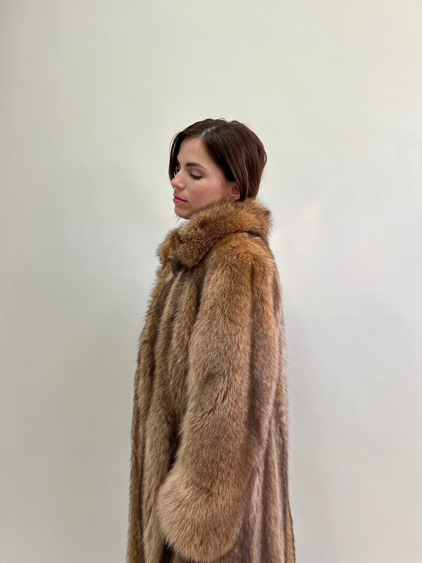 Real Crystal Raccoon Fur Coat: Tan Brown Full Length Godet, Big Collar