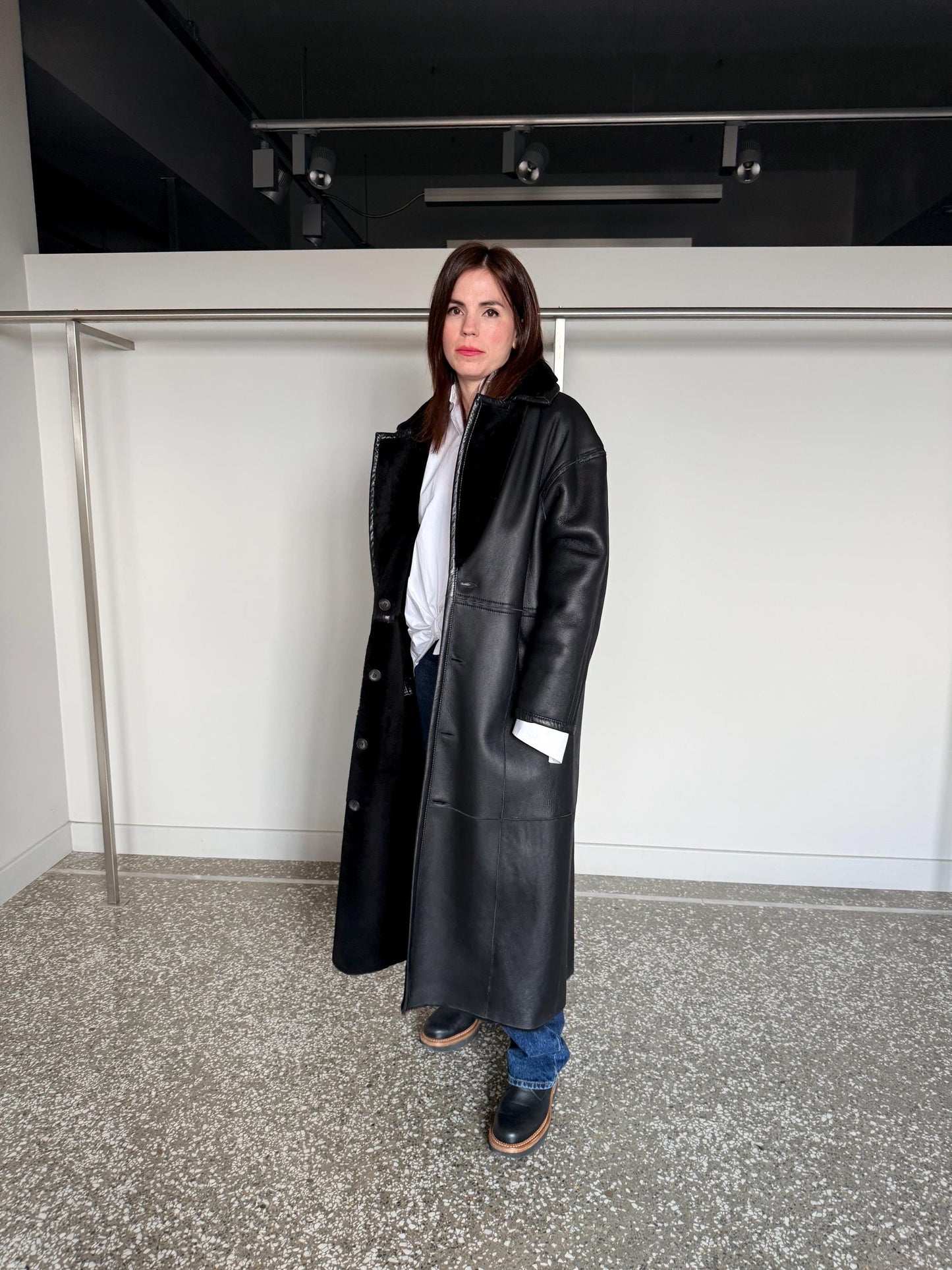 Reversible Black Shearling Fur coat :Extremely warm Sheepskin long Coat with genuine leather.