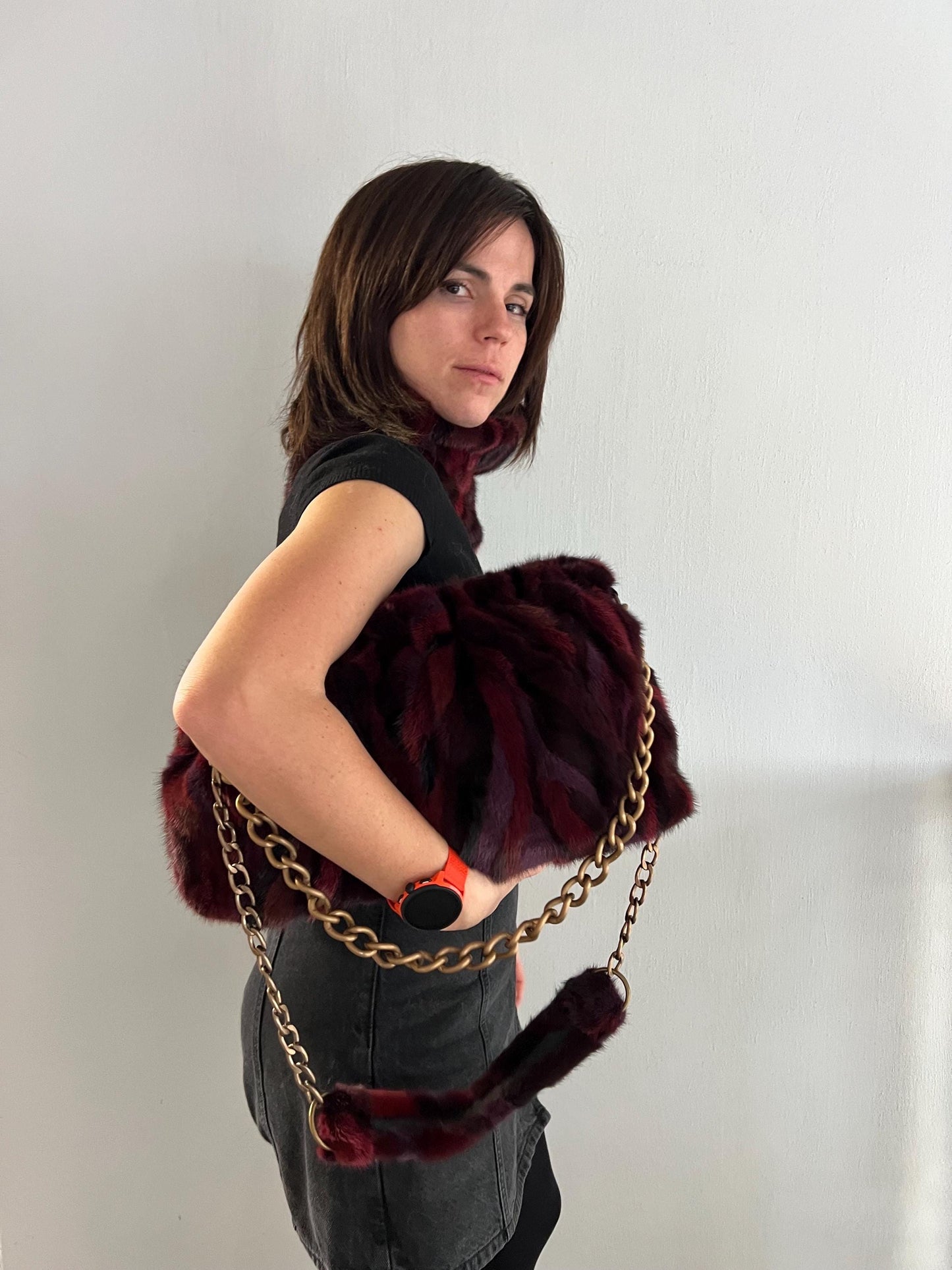 Handmade Mink Fur Slouchy Shoulder Bagin Burgundy : Luxury Cross-body Purse in army shades.