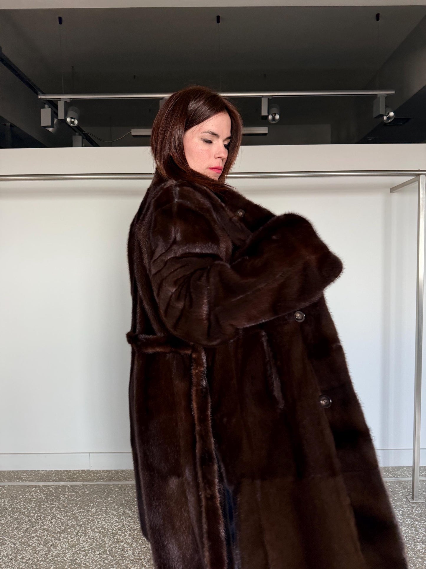 Reversible Demi Buff Mink Fur Coat with Suede Leather: Long Collarless Stroller (Handmade Greece)
