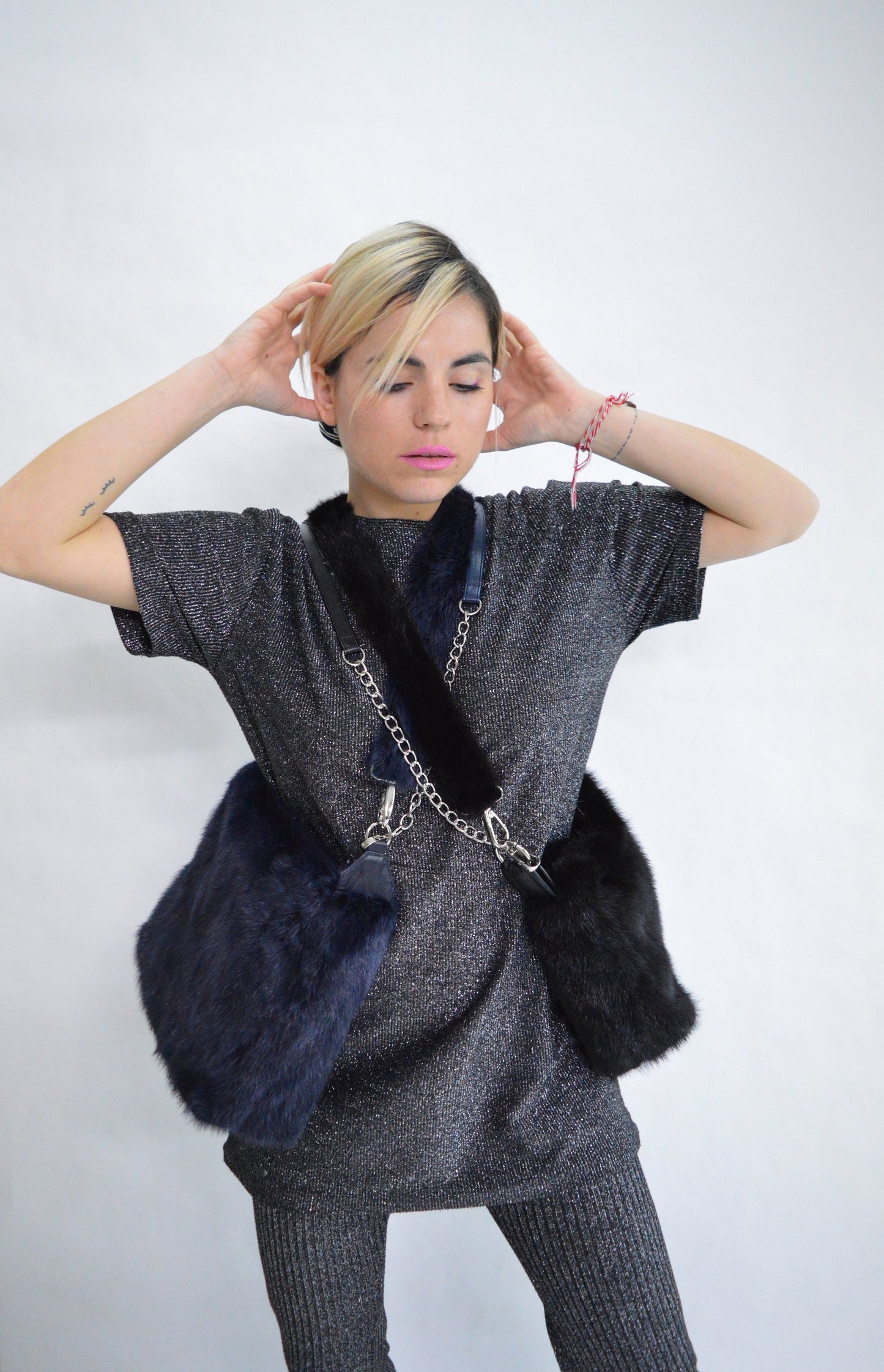 Handmade Black Mink Fur Shoulder Bag: Leather & Chain Detail