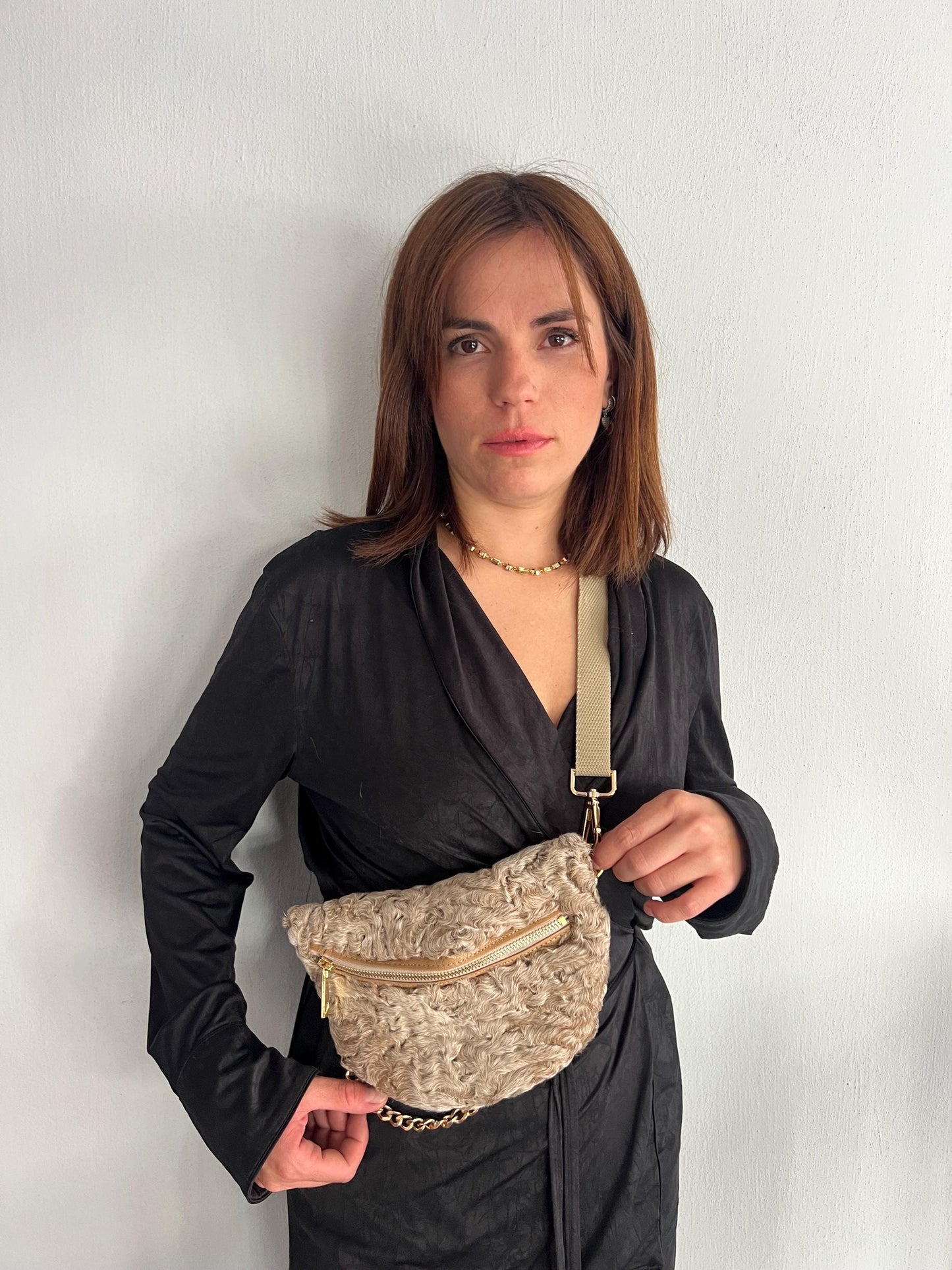 Real Lamb Fur Bumbag: Beige Fanny Pack with Chain Strap