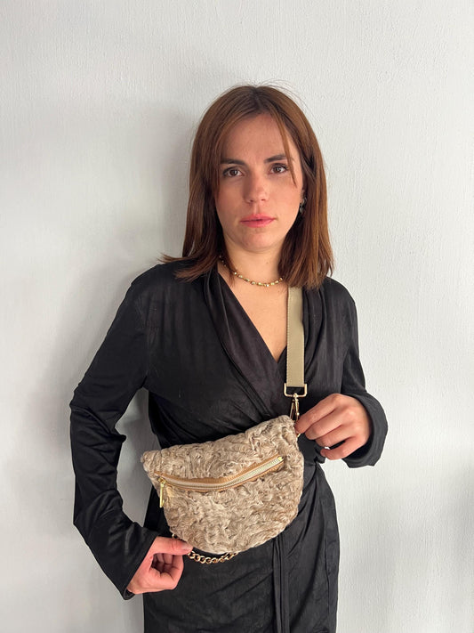 Real Lamb Fur Bumbag: Beige Fanny Pack with Chain Strap