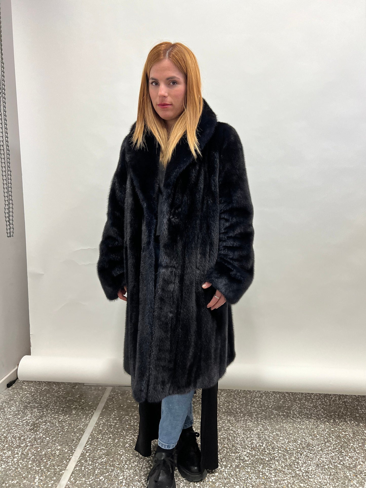 Midnight Blue Saga Mink Fur Coat, Robe Style, Size Medium