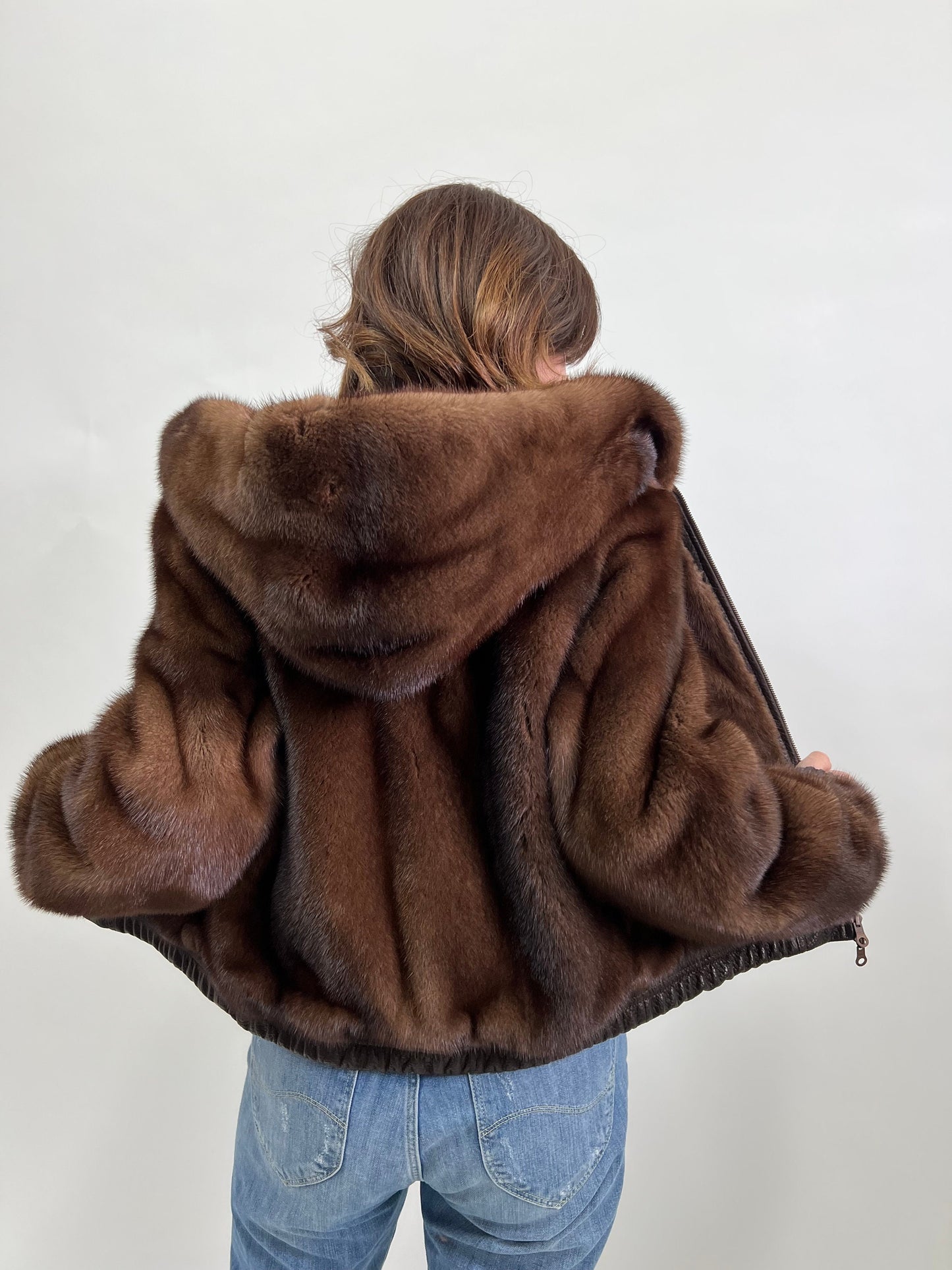 Reversible Brown Mink Fur Bomber Jacket: Leather Hooded Coat