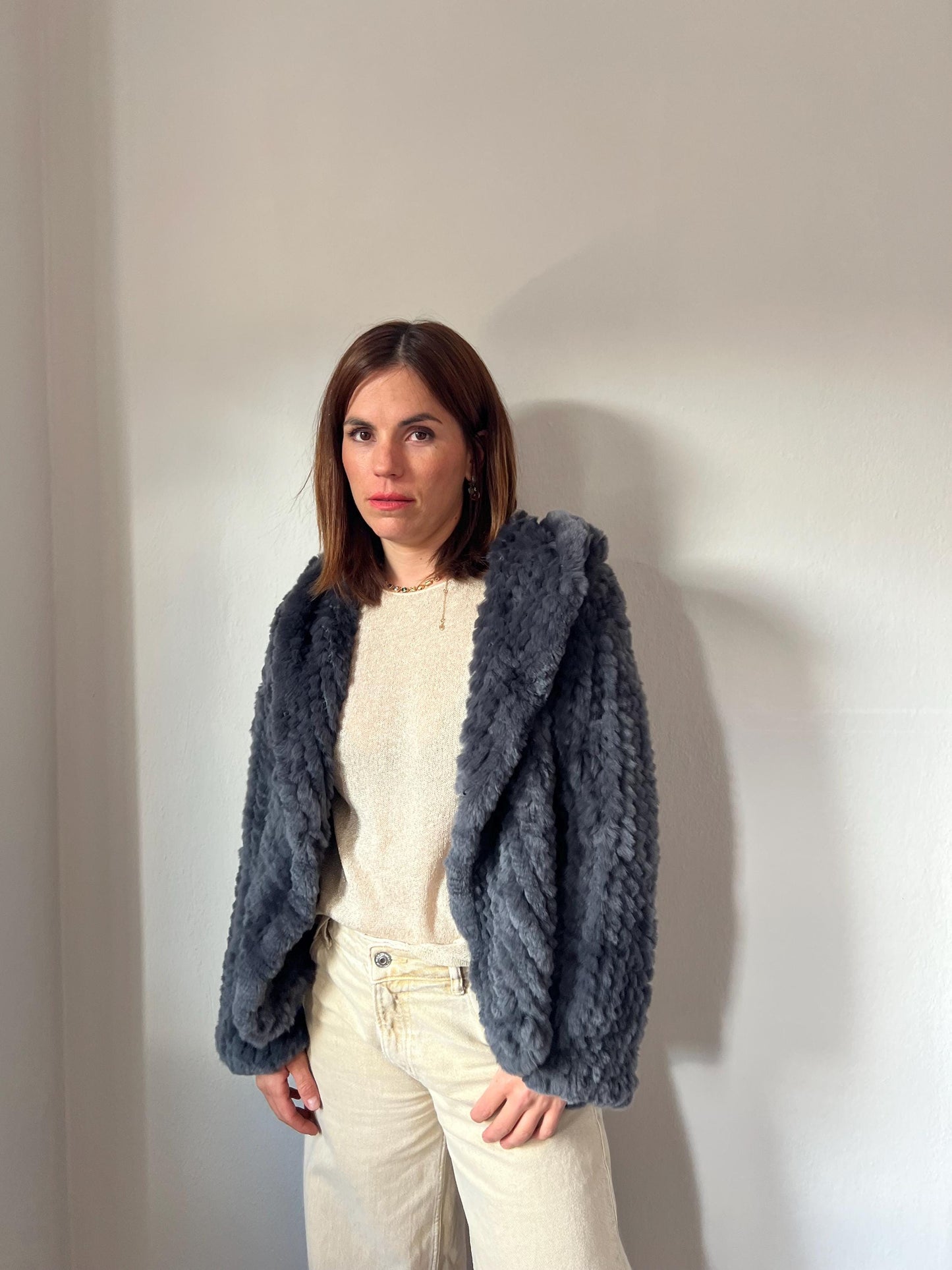 Handwoven Rabbit Fur Hooded Jacket - Dark Grey Lightweight Coat