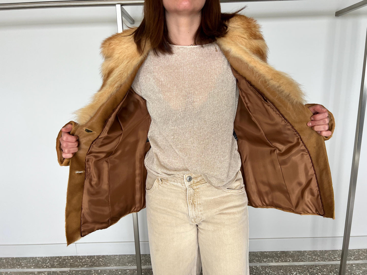 Handmade Gold Cavallino Leather Jacket with Fox Fur Collar. Calf leather. Pony hair like.