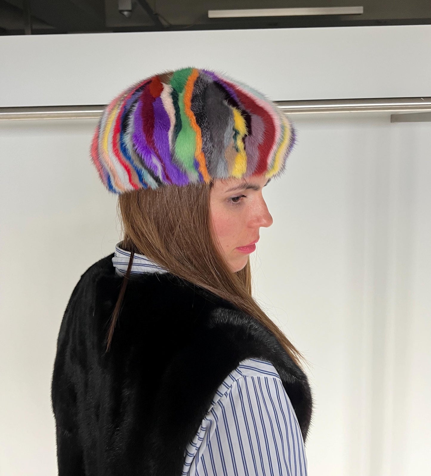 Handmade Multicolored Mink Fur Beret: Stylish Winter Hat