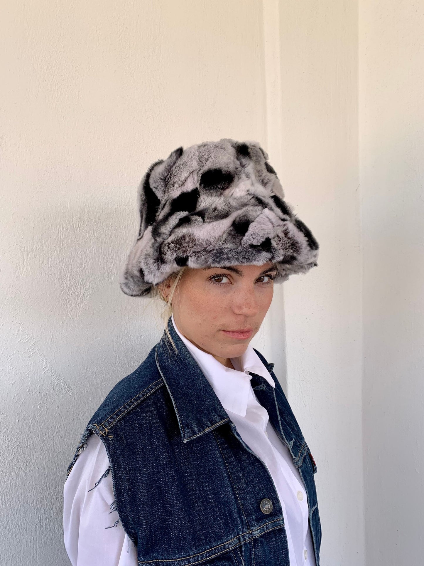Rex Rabbit Fur Bucket Hat: Black & Grey Fisherman Style